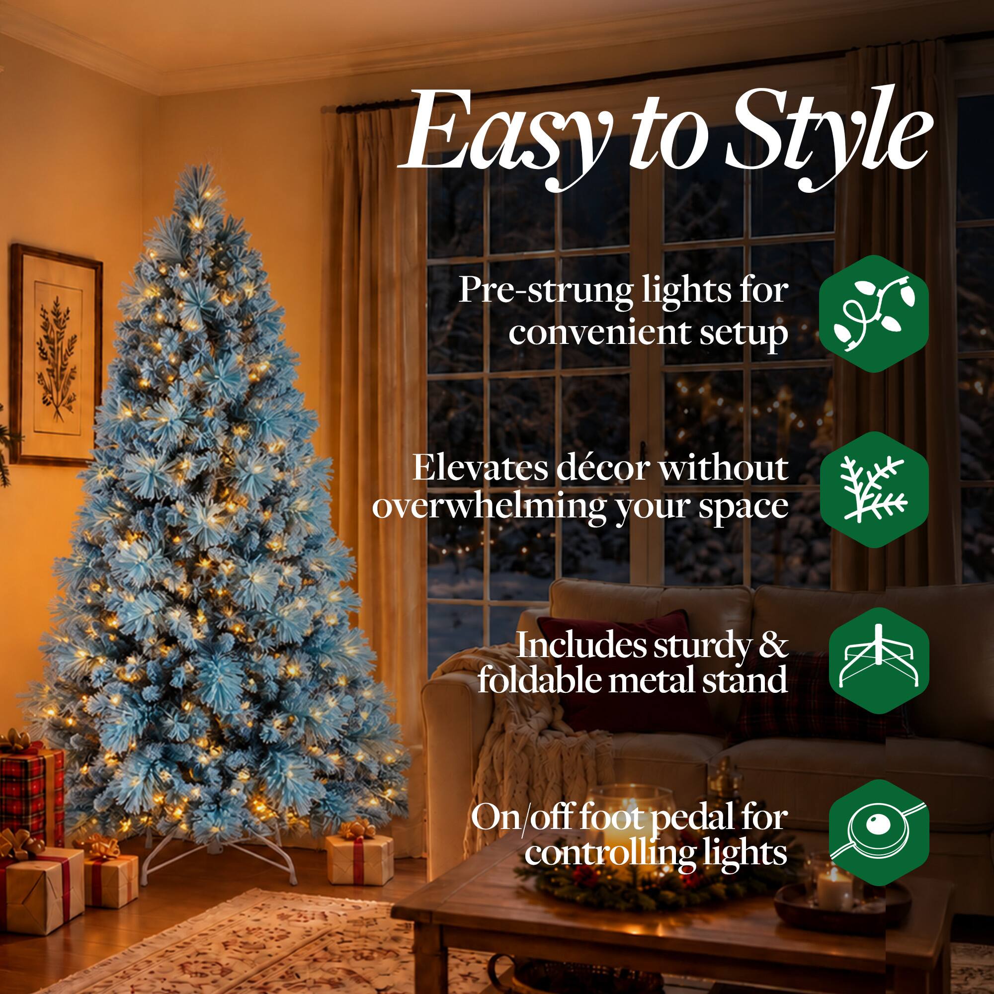 Easy to Style

Pre-strung lights for convenient setup

Elevates décor without overwhelming your space

Includes sturdy & foldable metal stand

On/off foot pedal for controlling lights