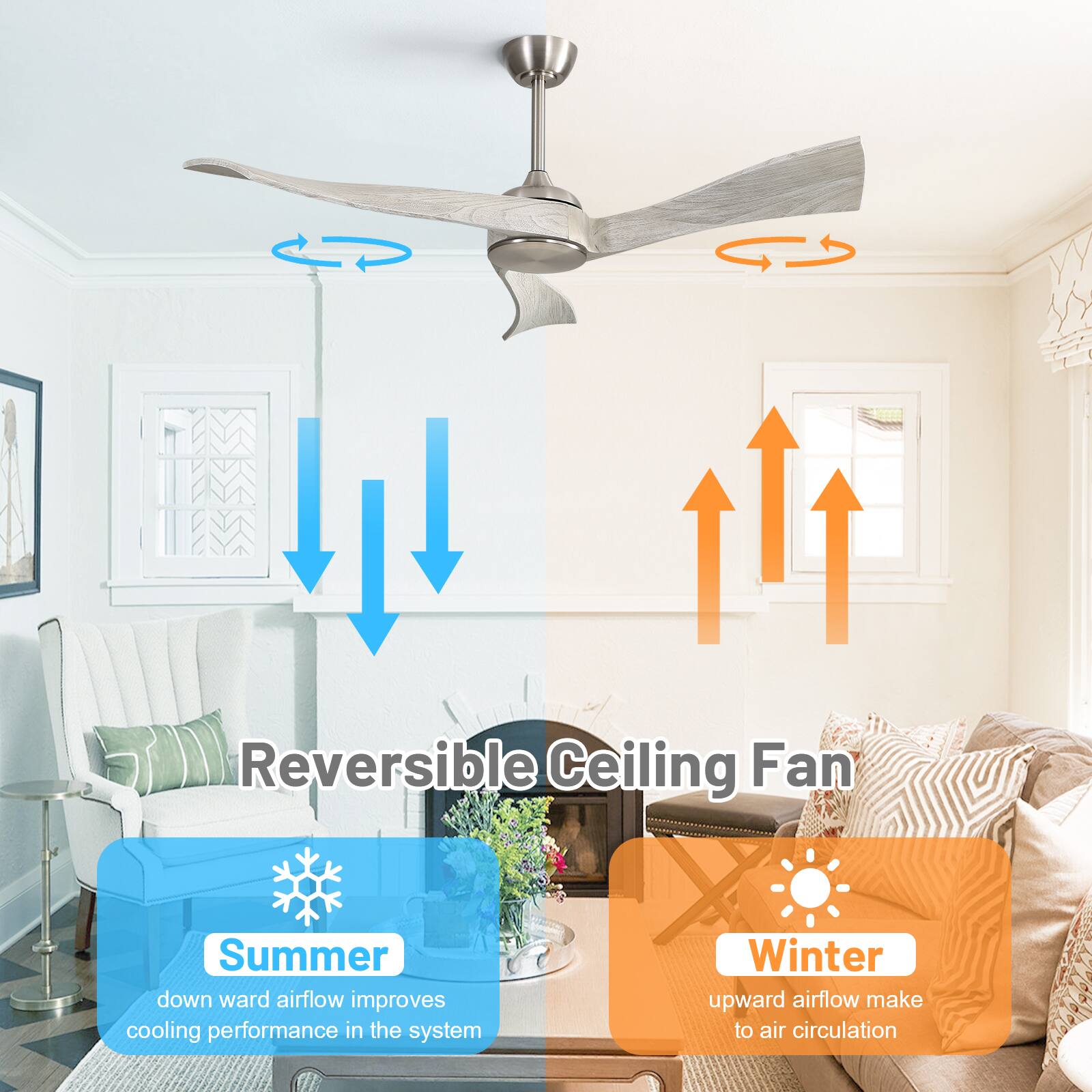 Reversible Ceiling Fan

Summer
downward airflow improves cooling performance in the system

Winter
upward airflow makes air circulation