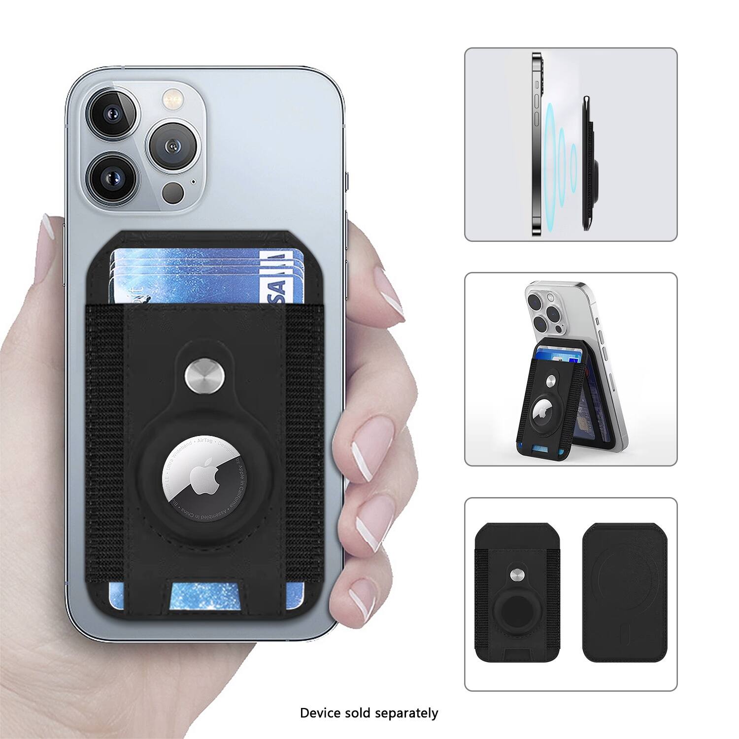 The image shows a person holding a cell phone in a case. The case has a pocket for a credit card and a hole for the phone. The cell phone is placed in the case, and the case is being held by the person. The image also includes a picture of the cell phone in the case and a picture of the case without the phone. The text on the image indicates that the device is sold separately.