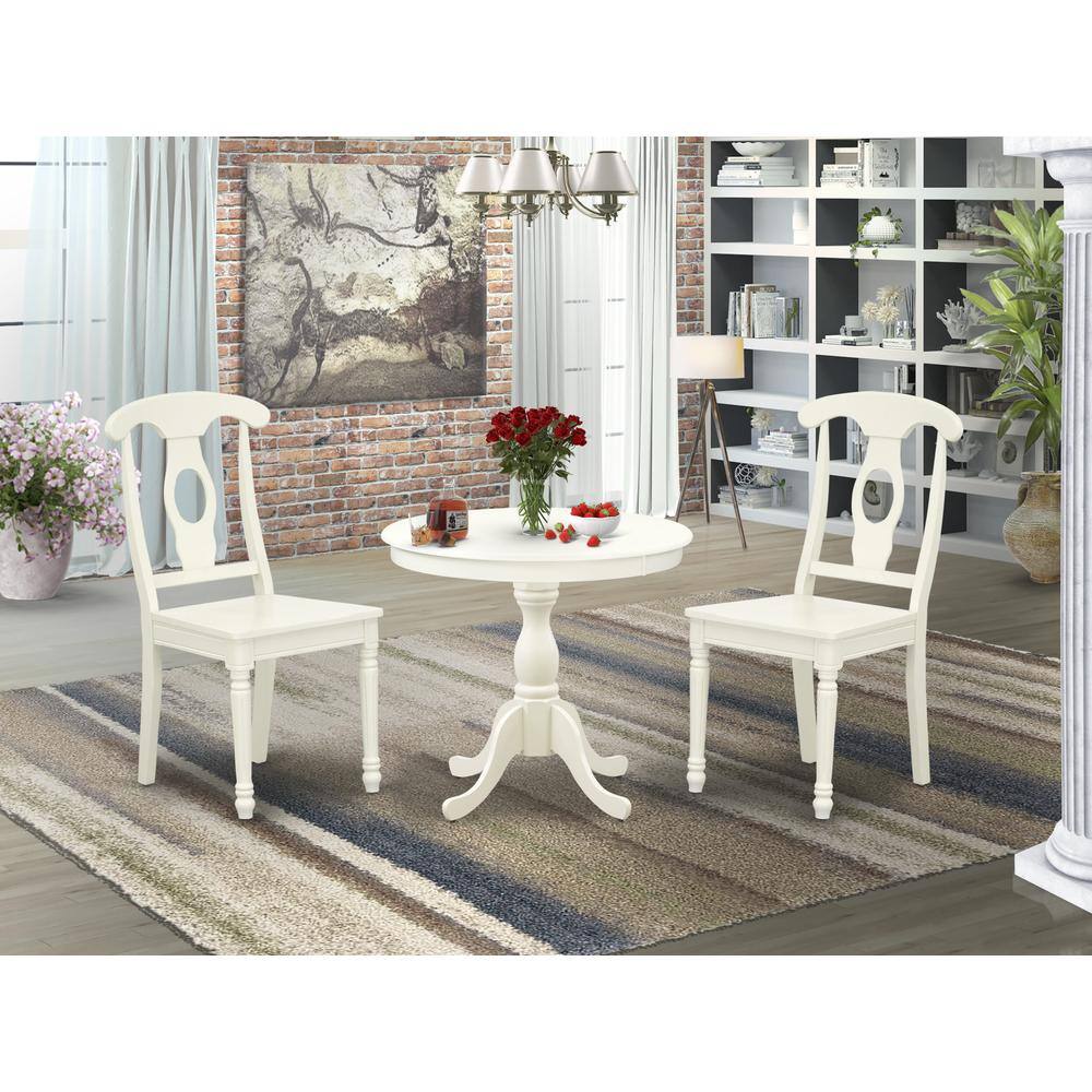 Alt View 3. East West Furniture - AMKE3-LWH-W 3 Piece Dining Set - 1 Pedestal Table and 2 Linen White Wooden Kitchen Chairs - Linen White Finish - Linen White.