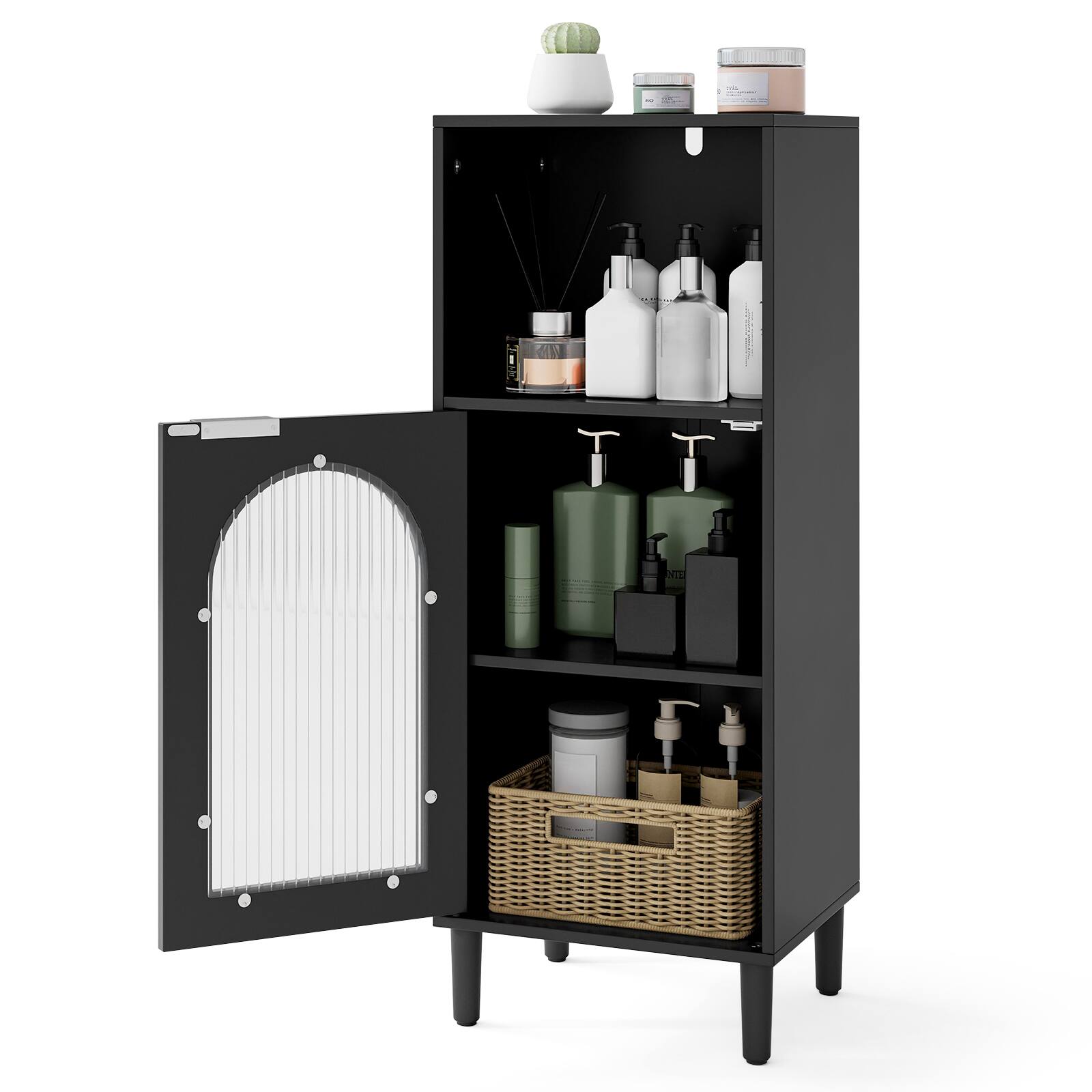 Alt View 1. Costway - Costway Bathroom Floor Cabinet with Adjustable Shelf, Single Tempered Glass Door, Wood Legs - Black.