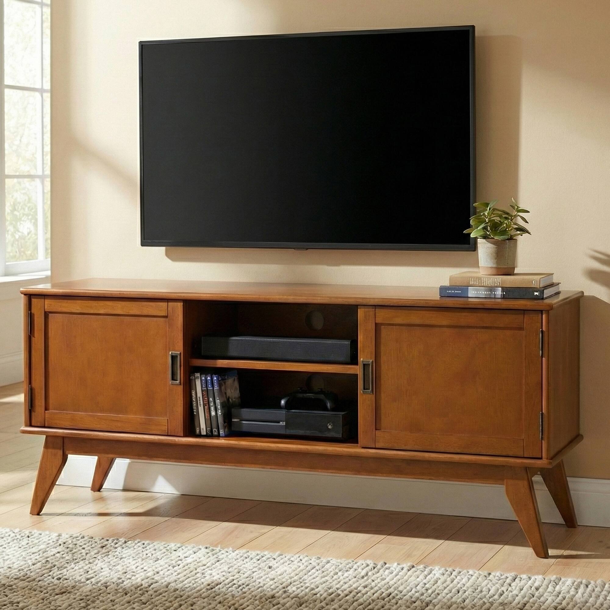 Angle. Simpli Home - Draper 60W Low TV Stand with Doors and Shelves - Teak Brown.
