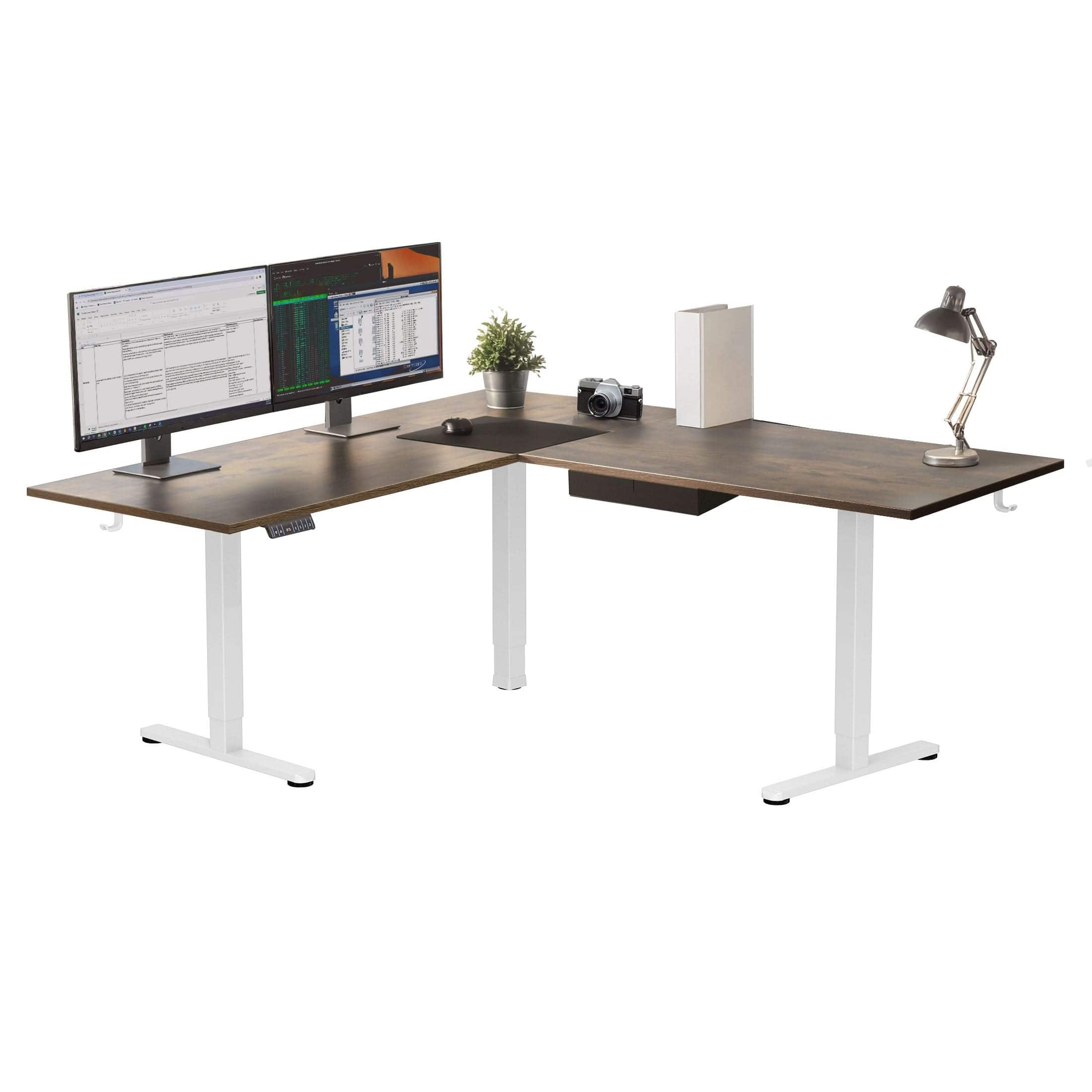 Mount-It! - XL Electric Height Adjustable Corner Standing Desk with Dual Motor and Memory Presets, White Frame and Tabletop - Brown