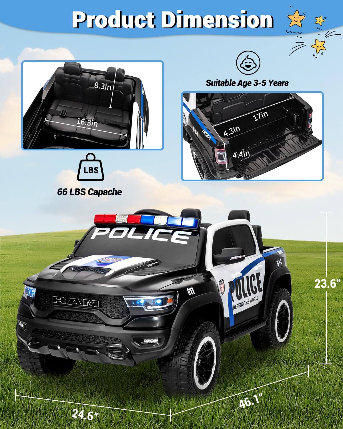 Product Dimension

- 8.3in
- 16.3in
- 4.3in
- 4.4in
- 17in

Suitable Age 3-5 Years

66 LBS Capacity

23.6"
24.6"
46.1"