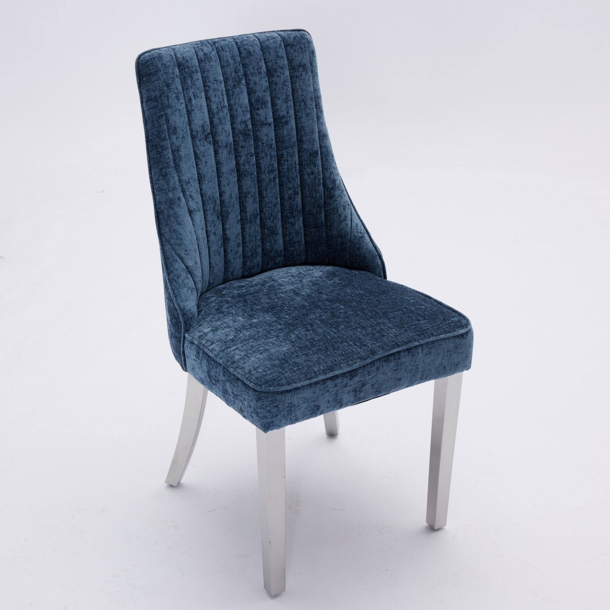 Back. GOODSILO - Luxury Chenille Fabric Upholstered Dining Chairs with Golden Stainless Steel Legs, Set of 2 - Blue.