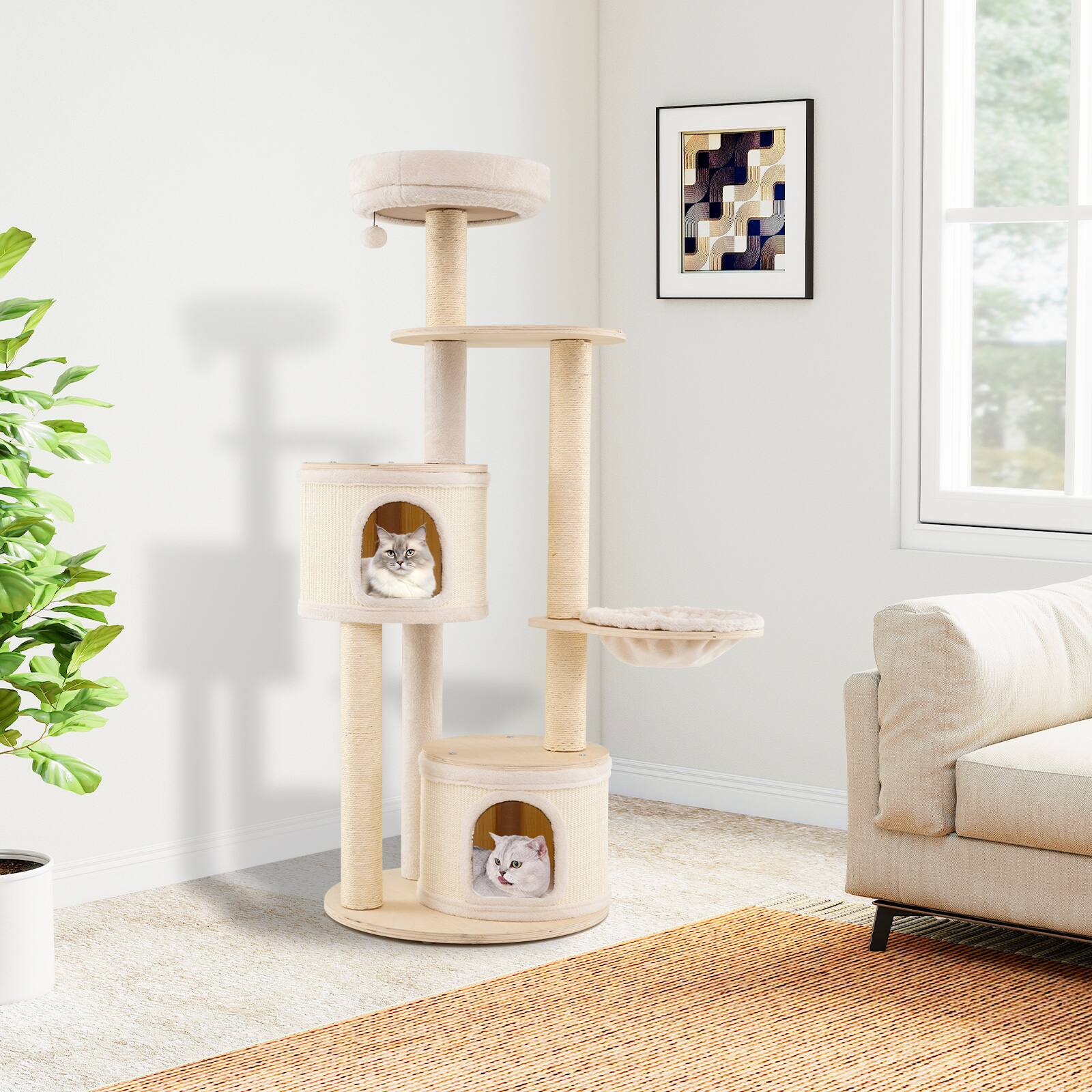 Alt View 3. Gymax - Gymax 60'' Tall Cat Tree Wooden Kitten Tower w/ Sisal Scratching Posts & Mat 2 Condos Perch Hammock.