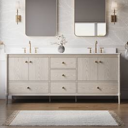 WELLFOR - ETHAN 80 in. Solid Wood Bath Vanity with Quartz Top, Double Sink, Soft Close, Assembled - OAK