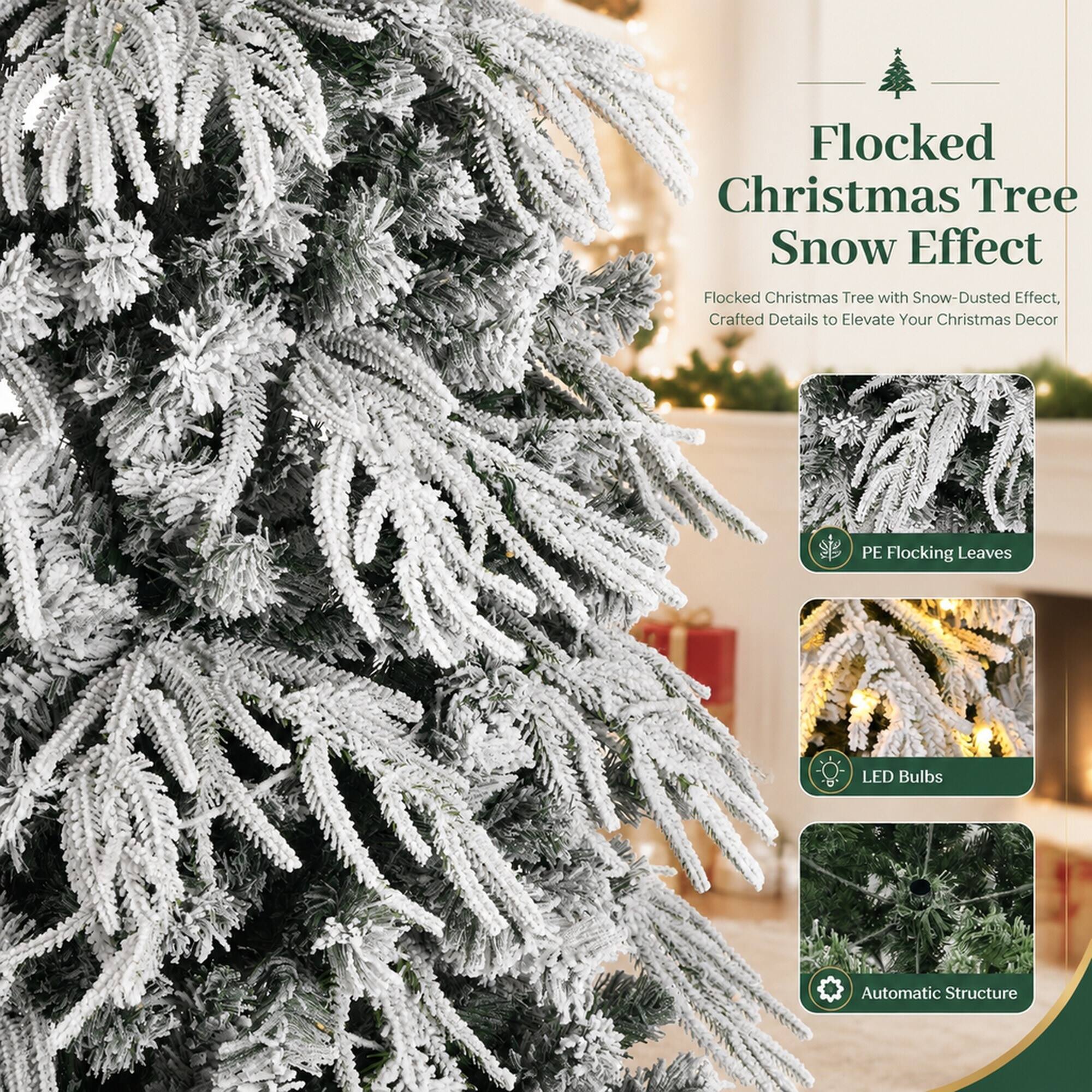 Flocked Christmas Tree Snow Effect  
Flocked Christmas Tree with Snow-Dusted Effect, Crafted Details to Elevate Your Christmas Decor

- PE Flocking Leaves
- LED Bulbs
- Automatic Structure