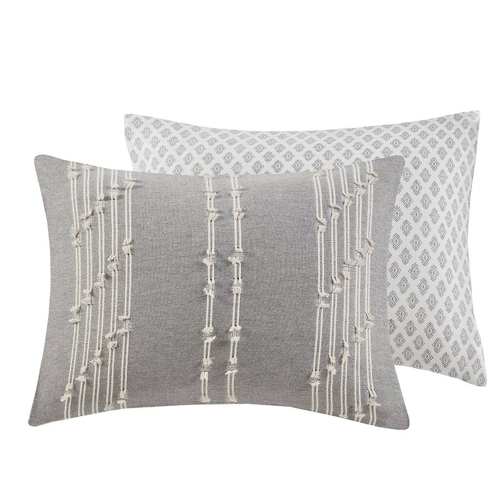 Alt View 4. Gracie Mills - Gracie Mills Trujillo 3-Piece Embroidered Stripes Cotton Jacquard Duvet Cover Set - Gray.