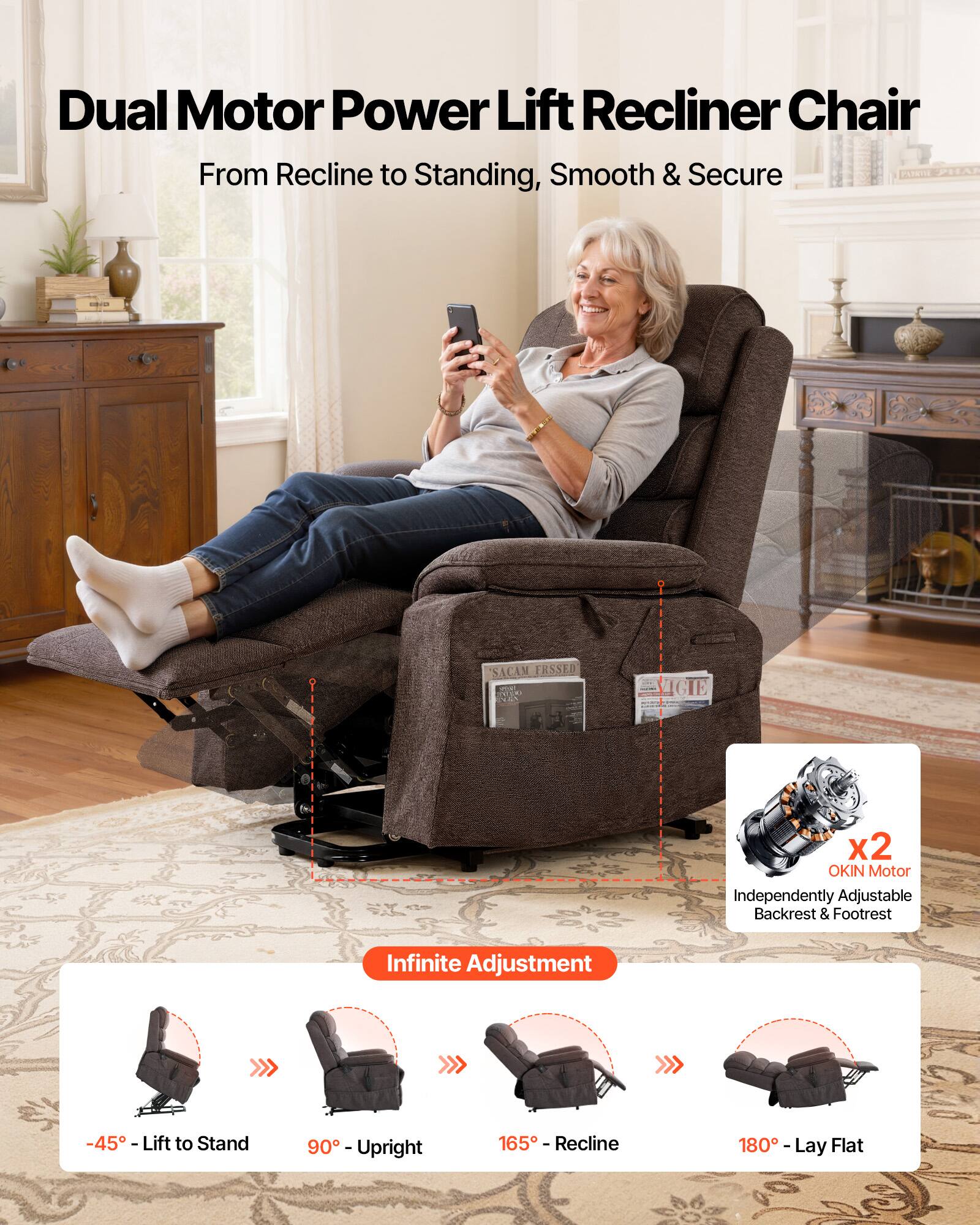Dual Motor Power Lift Recliner Chair  
From Recline to Standing, Smooth & Secure  

SACAM ERSSED - I LIGIE  

Dual Motor Power Lift Recliner Chair  
From Recline to Standing, Smooth & Secure  

-45° - Lift to Stand  
90° - Upright  
165° - Recline  
180° - Lay Flat  

X2 OKIN Motor  
Independently Adjustable Backrest & Footrest  

Infinite Adjustment