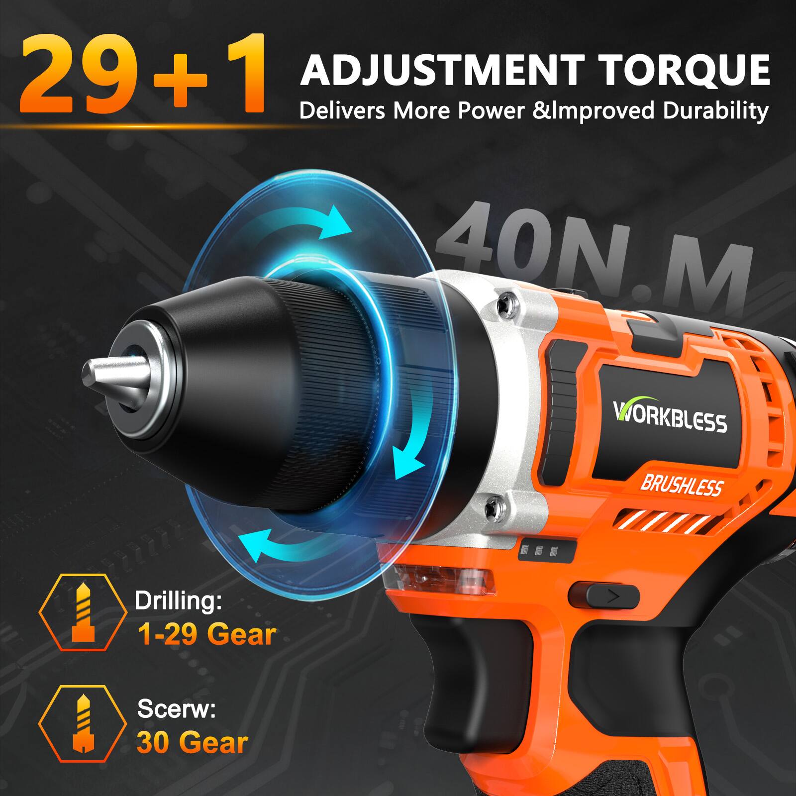 29+1 ADJUSTMENT TORQUE  
Delivers More Power & Improved Durability  

40N.M  

WORKBLESS v22z2z  

Drilling: 1-29 Gear  
Screw: 30 Gear