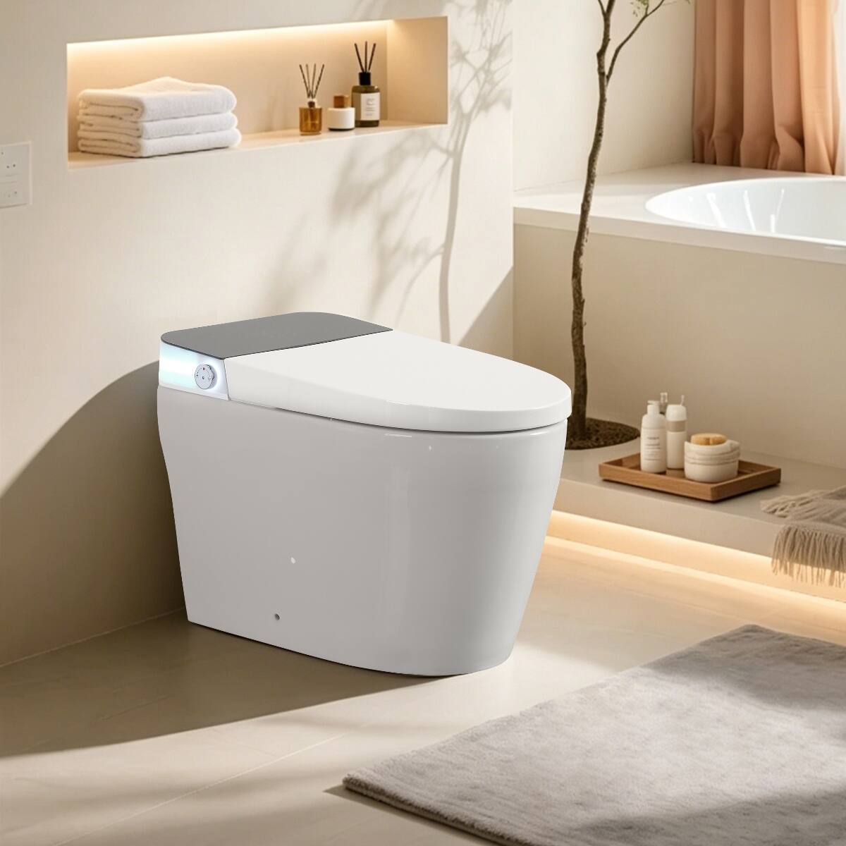 Left. Loheer - Loheer Smart Bidet Toilet, One-Piece Ceramic Toilet With Auto Flush, Heated Seat and Remote Control - White and Black.