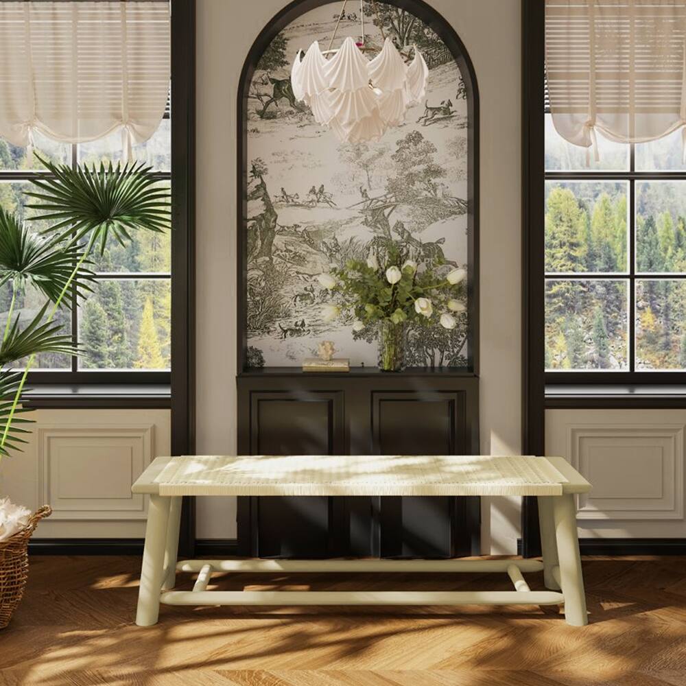 Alt View 4. Ropilly - Ropilly 59 Inch Solid Wood Rattan Bench Farmhouse Modern Indoor Outdoor Entryway Bench Champagne Finish - Champagne.