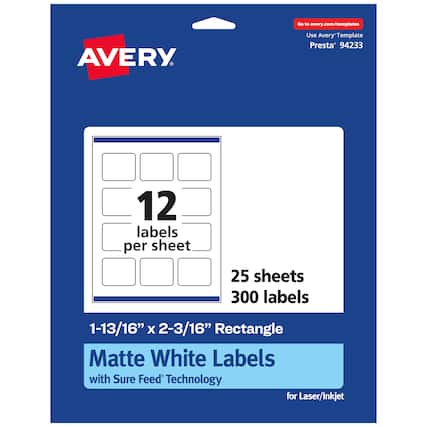 Go to avery.com/templates
AVERY
Use Avery™ Template Presta® 94233
12 labels per sheet
25 sheets
300 labels
1-13/16" x 2-3/16" Rectangle Matte White Labels with Sure Feed Technology for Laser/Inkjet