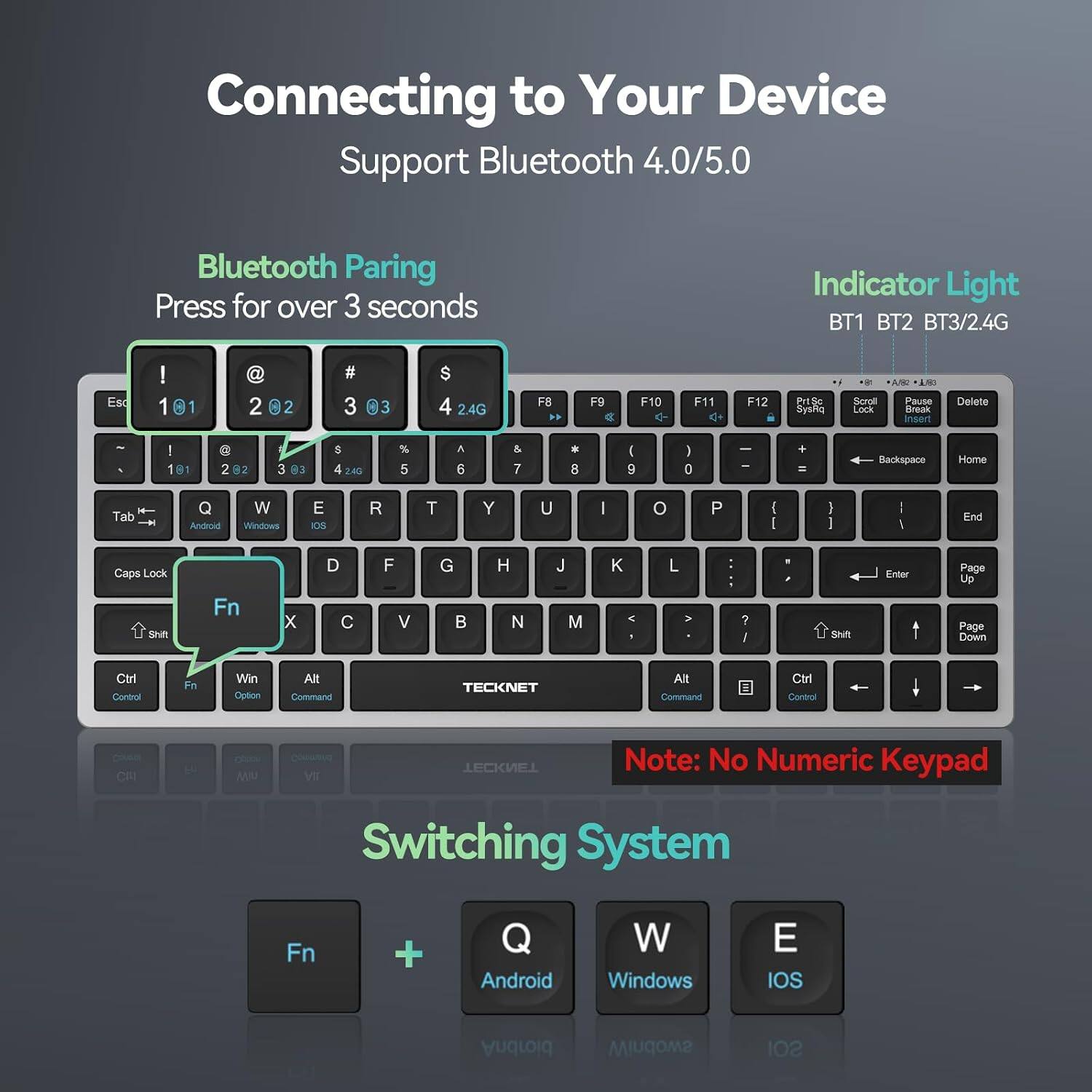 Connecting to Your Device  
Support Bluetooth 4.0/5.0  

Bluetooth Pairing  
Press for over 3 seconds  

Indicator Light  
BT1 BT2 BT3/2.4G  

Esc  
! 1 01  
@ 2 02  
# 3 03  
$ 4 2.4G  
F8  
F9  
F10  
F11  
F12  
PrtSc SysRq  
Scroll Lock Pause Break Insert  
Delete  

! 1 01  
2 02  
3 03  
$ 4 2.4G  
% 5  
& 6  
7  
( 8  
) 9  
- 0  
Backspace  
Home  
Tab  
Q Android  
W Windows  
E IOS  
R  
T  
Y  
U  
I  
O  
P  
{  
}  
|  
End  
Caps Lock Shift  
Fn  
X  
C  
V  
B  
N  
M  
Shift  
Enter  
Page Up Page Down  
Ctrl Control  
Fn  
Win Option  
Alt Command  

TECKNET  
Alt Command  
Ctrl Control  
CN  
UM  
VI  
TECKNET  

Note: No Numeric Ke