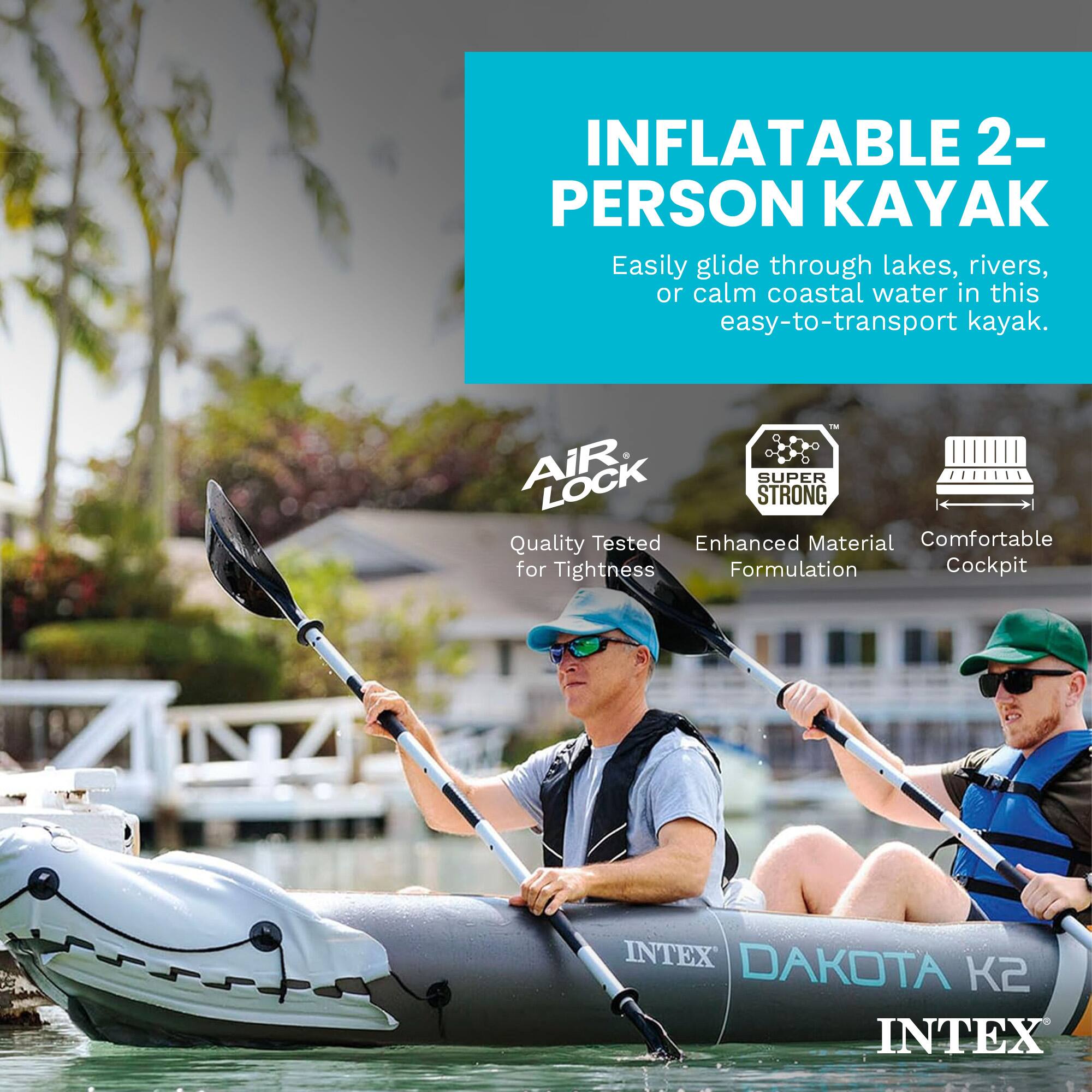 INFLATABLE 2-PERSON KAYAK

Easily glide through lakes, rivers, or calm coastal water in this easy-to-transport kayak.

- AIR LOCK
  - Quality Tested
  - Enhanced Material
  - Comfortable for Tightness Formulation
  - Cockpit

INTEX DAKOTA K2

INTEX