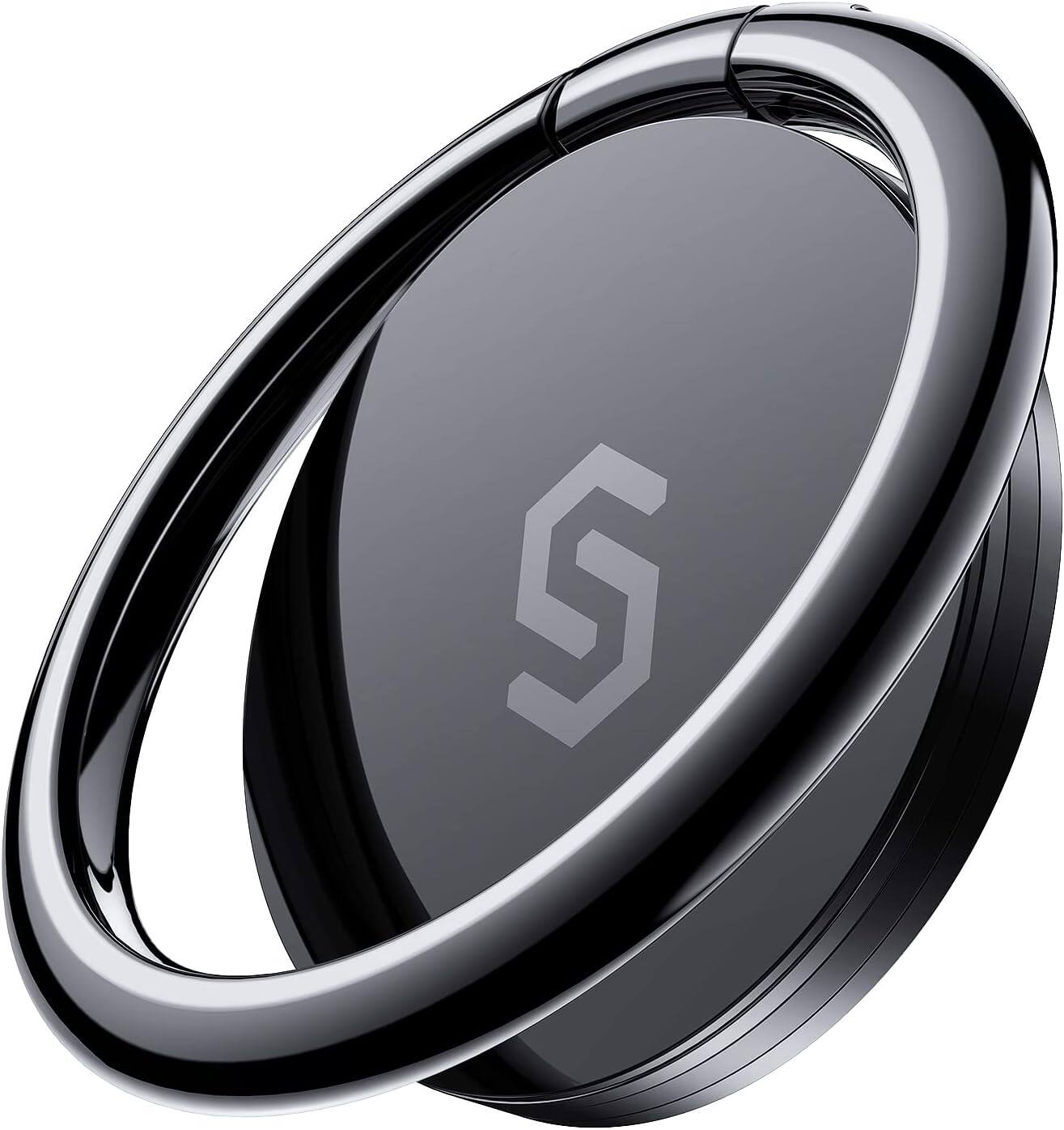 Front. Syncwire - Adhesive Phone Ring Holder, Cell Phone Grip Ring Stand, 360° Rotation, Mini Size, All Metal Finger Ring Kickstand - Black.