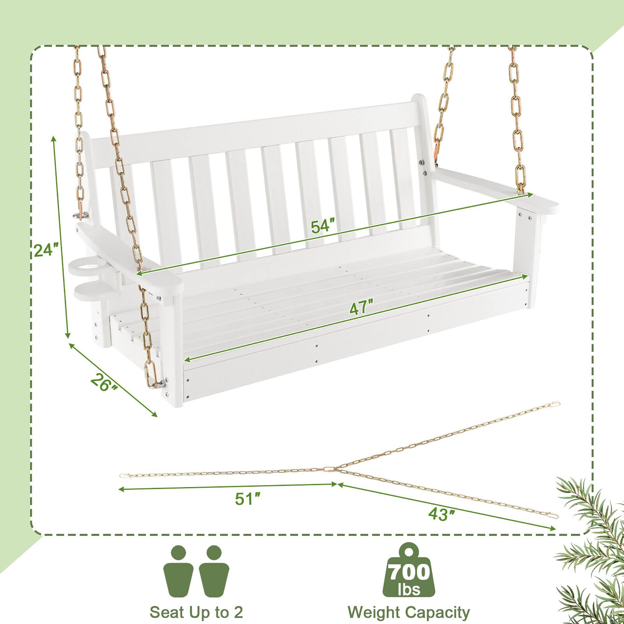 Alt View 2. Gymax - Gymax 54'' HDPE Porch Swing Outdoor Patio Hanging Chair w/ Cup Holder Adjustable Chain - White.