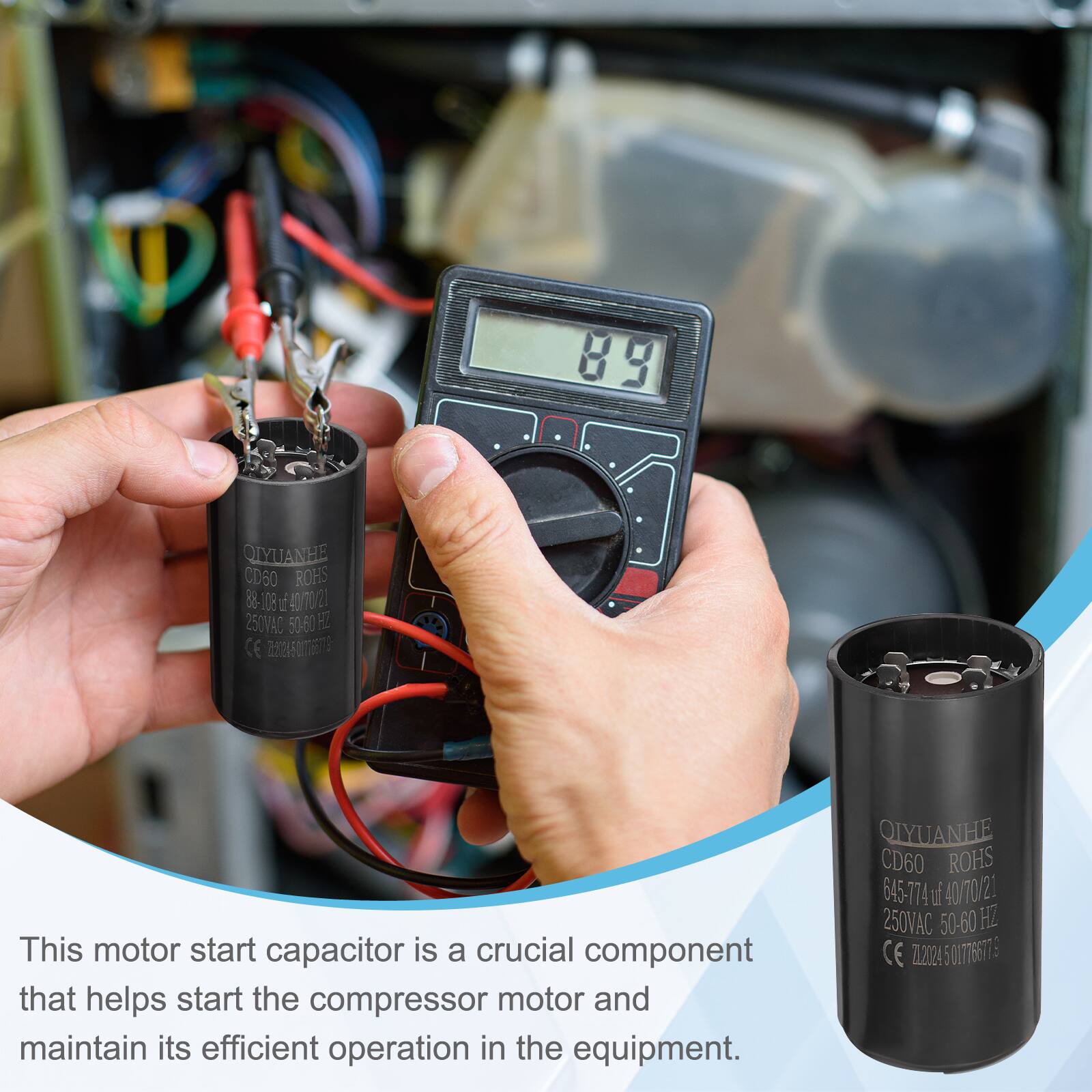 89 QIYUANHE CD60 ROHS 88-108 L 40/70 20 250VAD 50.60 HZ CE 2065

This motor start capacitor is a crucial component that helps start the compressor motor and maintain its efficient operation in the equipment.

QIYUANHE CD60 ROHS 645-774 uf 40/70/21 250VAC 50-60 HZ CE 21.2024 5007766715 : 0177 866775 :