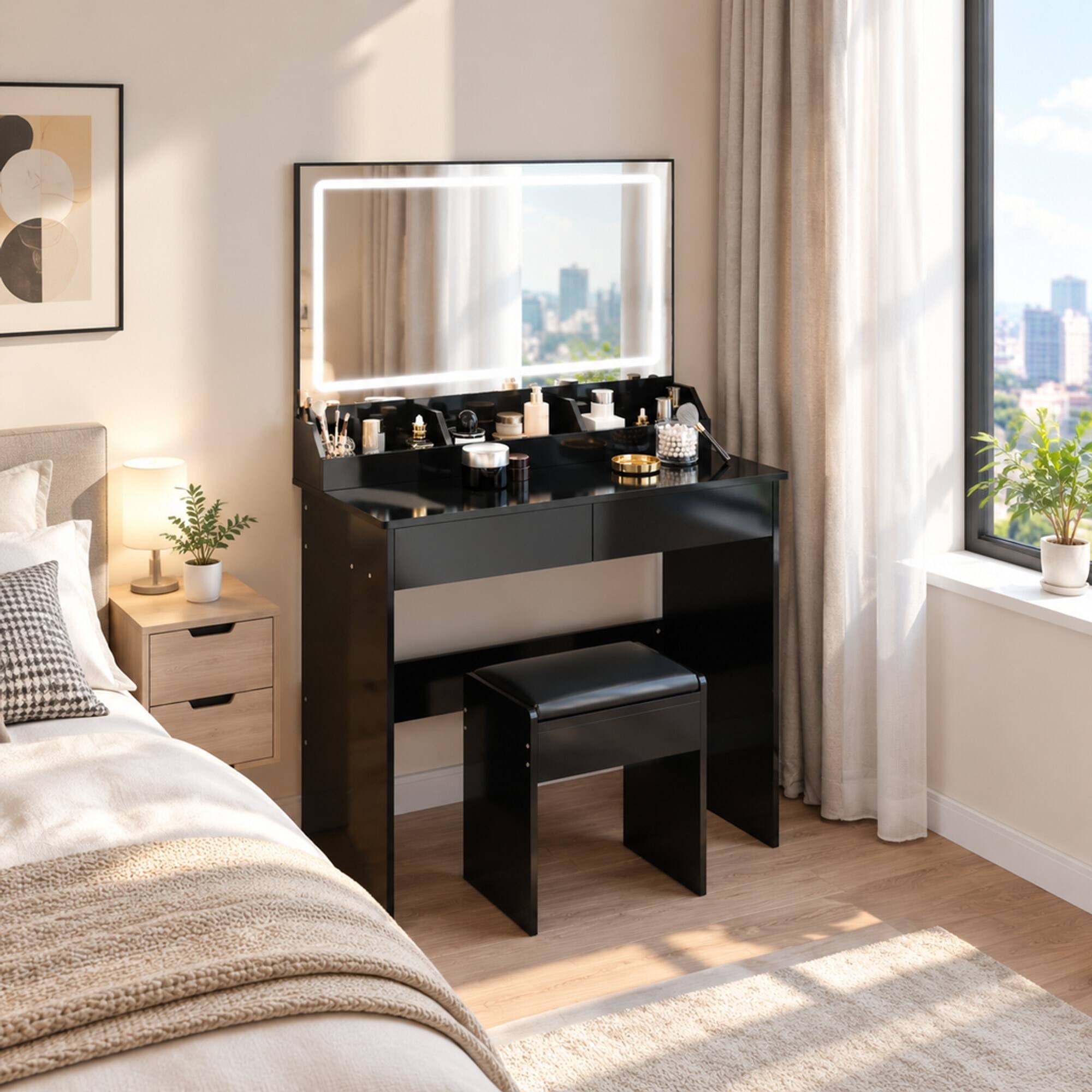 Back. RYHNUYNE - 31 x 20 in LED Mirror Vanity Table Set, Touch Switch, 3 Light Colors, Adjustable Brightness, Storage, Cushioned Stool - Black.