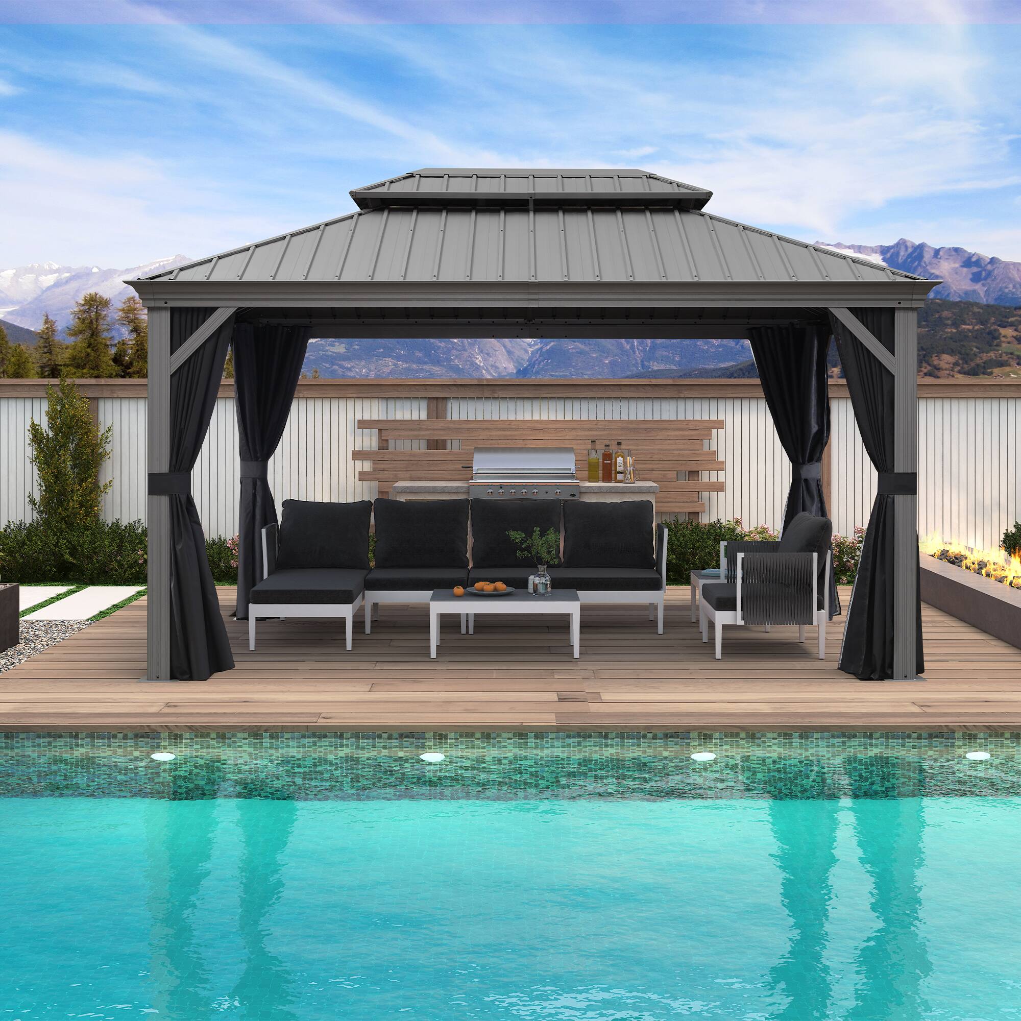 Alt View 1. PURPLE LEAF - 10' X 14' Light Gray Aluminum Power-Coated Frame Galvanized Steel Double Roof Hardtop Gazebo,Hooks Netting Curtain - 10' X 14'.