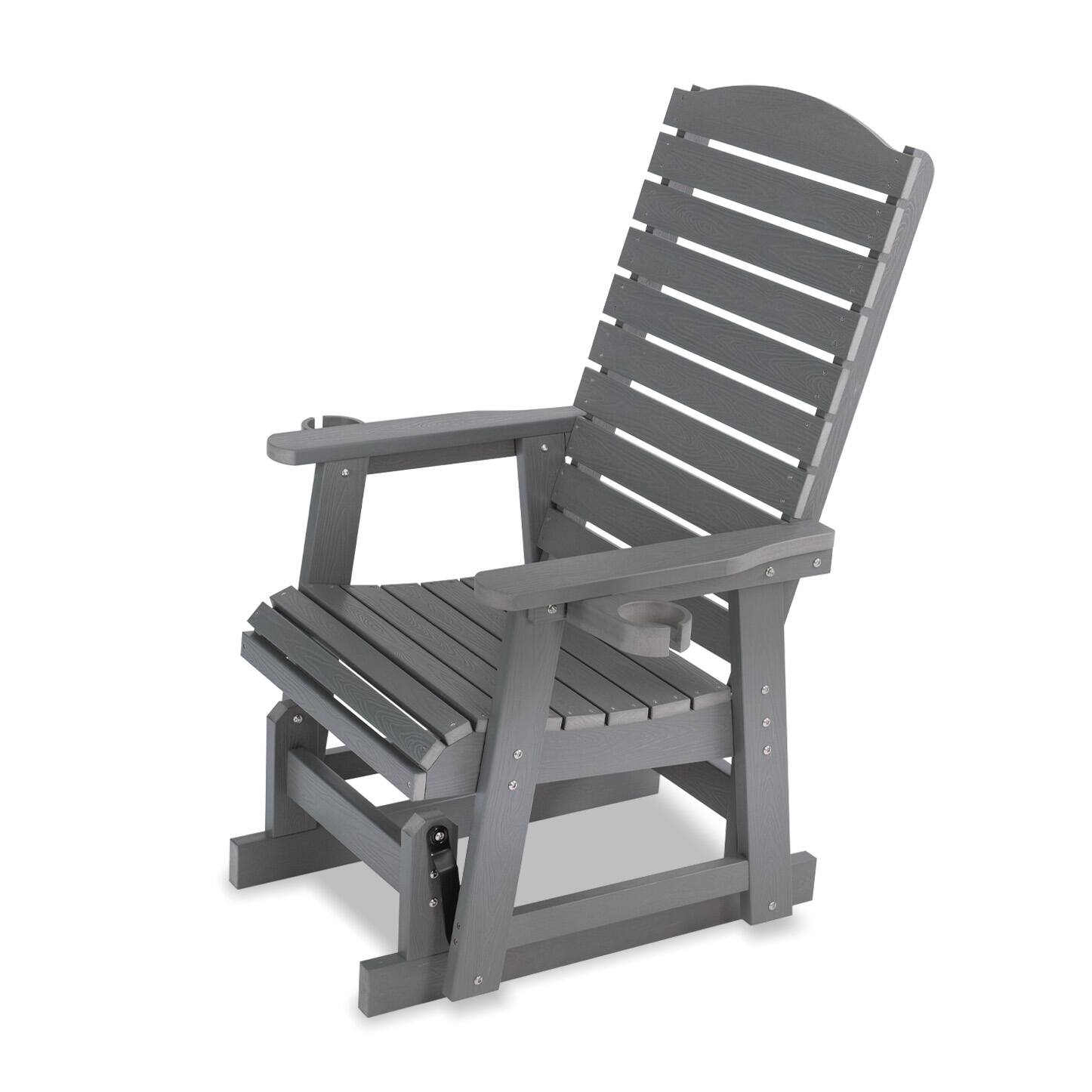 Angle. Fortune Candy - Poly Lumber Patio Glider w/Cup Holders, High Backrest and Deep Contoured Seat, HIPS Material, Heavy Duty 700lb - Gray.