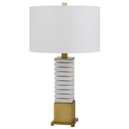 Front. Manhattan Lane - 28 Inch Table Lamp, Drum Hardback, Marble - Brass, White.