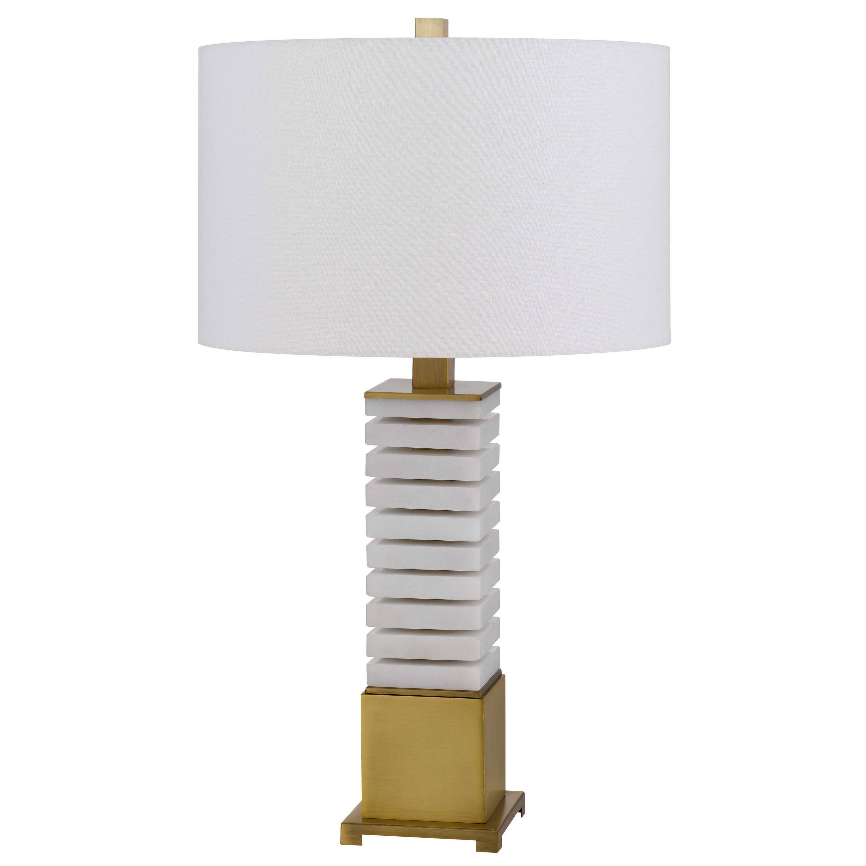 Front. Manhattan Lane - 28 Inch Table Lamp, Drum Hardback, Marble - Brass, White.