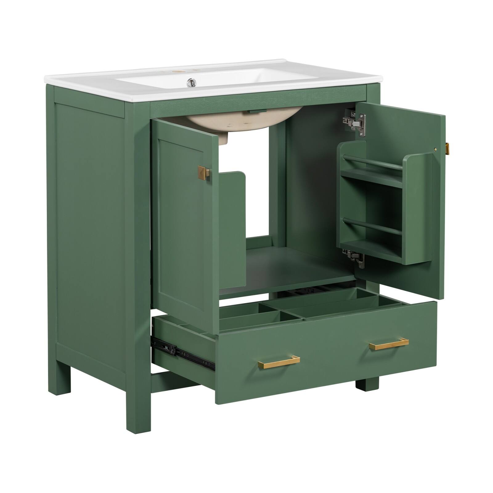 Alt View 9. Ecooso - 30" Bathroom Vanity with Ceramic Sink, 2 Soft-Close Doors, Divider Drawer & Door Shelves - Green.