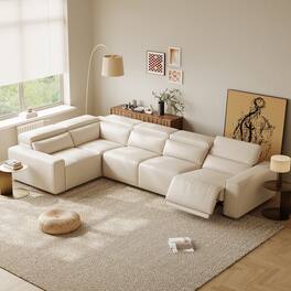 POVISON - 141" Minimalist Power Reclining Sectional L-shaped Leather Sofa, 2 Deep Seat 90°-145° Recline, Waterproof,Black - Beige Sustainable Leather