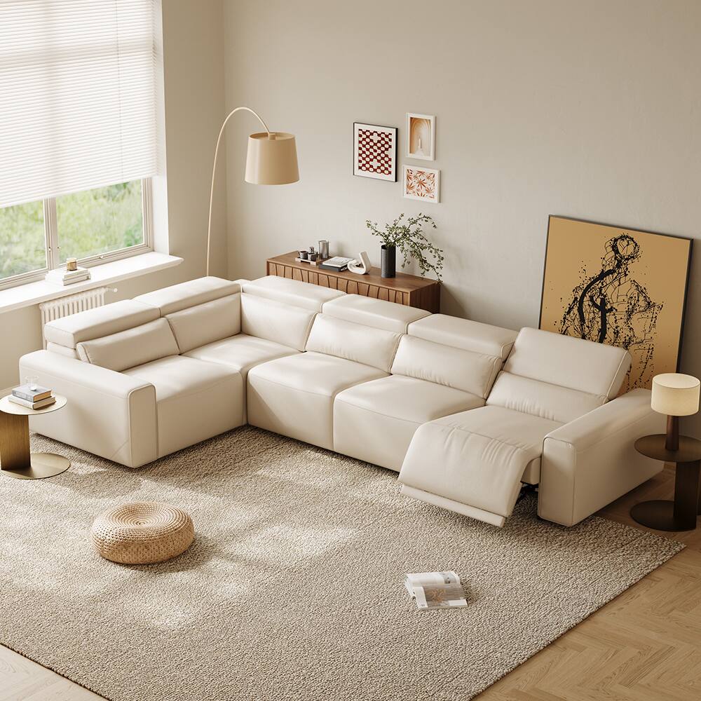 Front. POVISON - 141" Minimalist Power Reclining Sectional L-shaped Leather Sofa,  2 Deep Seat 90°-145° Recline, Waterproof,Black - Beige Sustainable Leather.