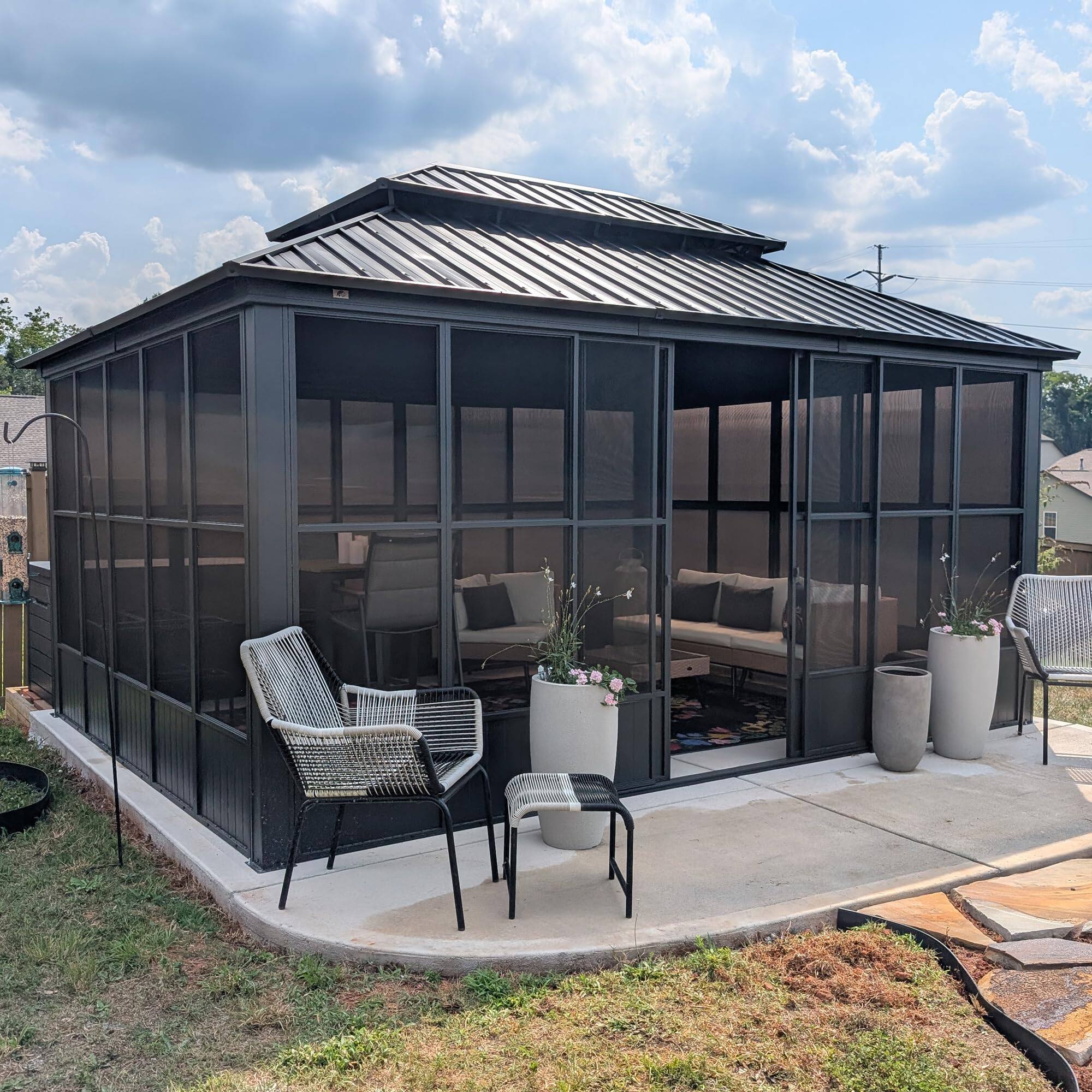 Angle. PURPLE LEAF - Sunroom Outdoor Hardtop Gazebo Gray Aluminum Frame Galvanized Steel Double Roof All-Weather Screen House - 12' X 16'.