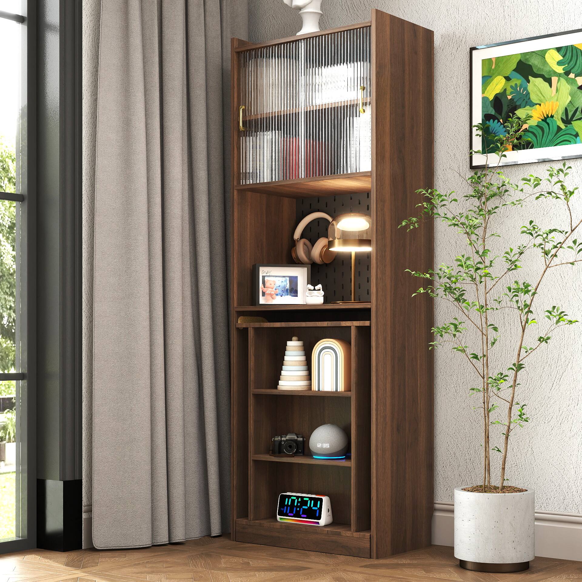 Angle. Tiramisubest - Folding Desk with Storage,Space-Saving Foldable Computer Desk for Small Spaces,Writing Study Table for Home Office - Walnut.