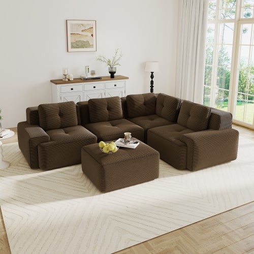 Photos - Sofa Corduroy Anysun - V-Shape  Modular Sectional  - 4-Seat Deep-Seat Couch with Ottoman, Pearl Piping, Tufted, No Assembly  