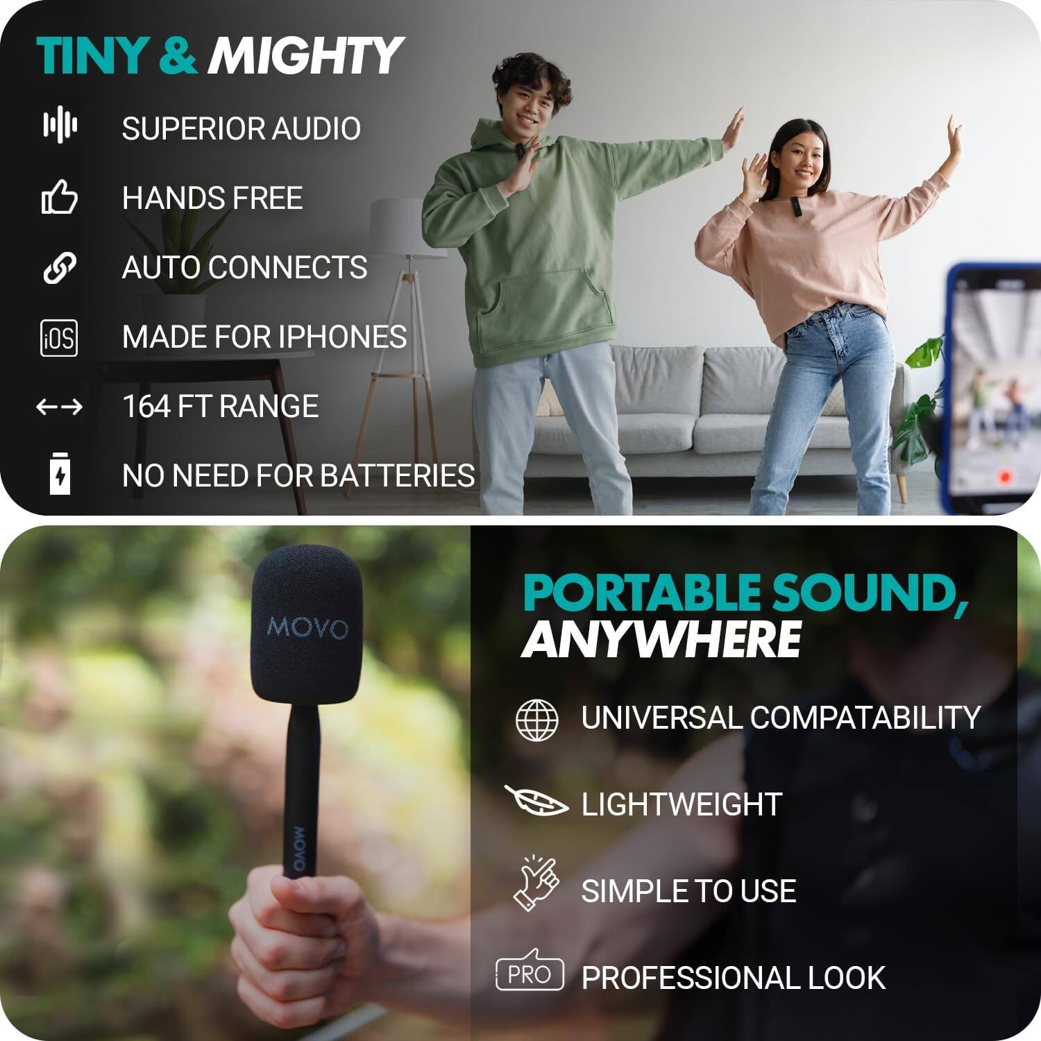 **TINY & MIGHTY**

- SUPERIOR AUDIO
- HANDS FREE
- AUTO CONNECTS
- MADE FOR IPHONES
- 164 FT RANGE
- NO NEED FOR BATTERIES

**PORTABLE SOUND, ANYWHERE**

- UNIVERSAL COMPATABILITY
- LIGHTWEIGHT
- SIMPLE TO USE
- PROFESSIONAL LOOK