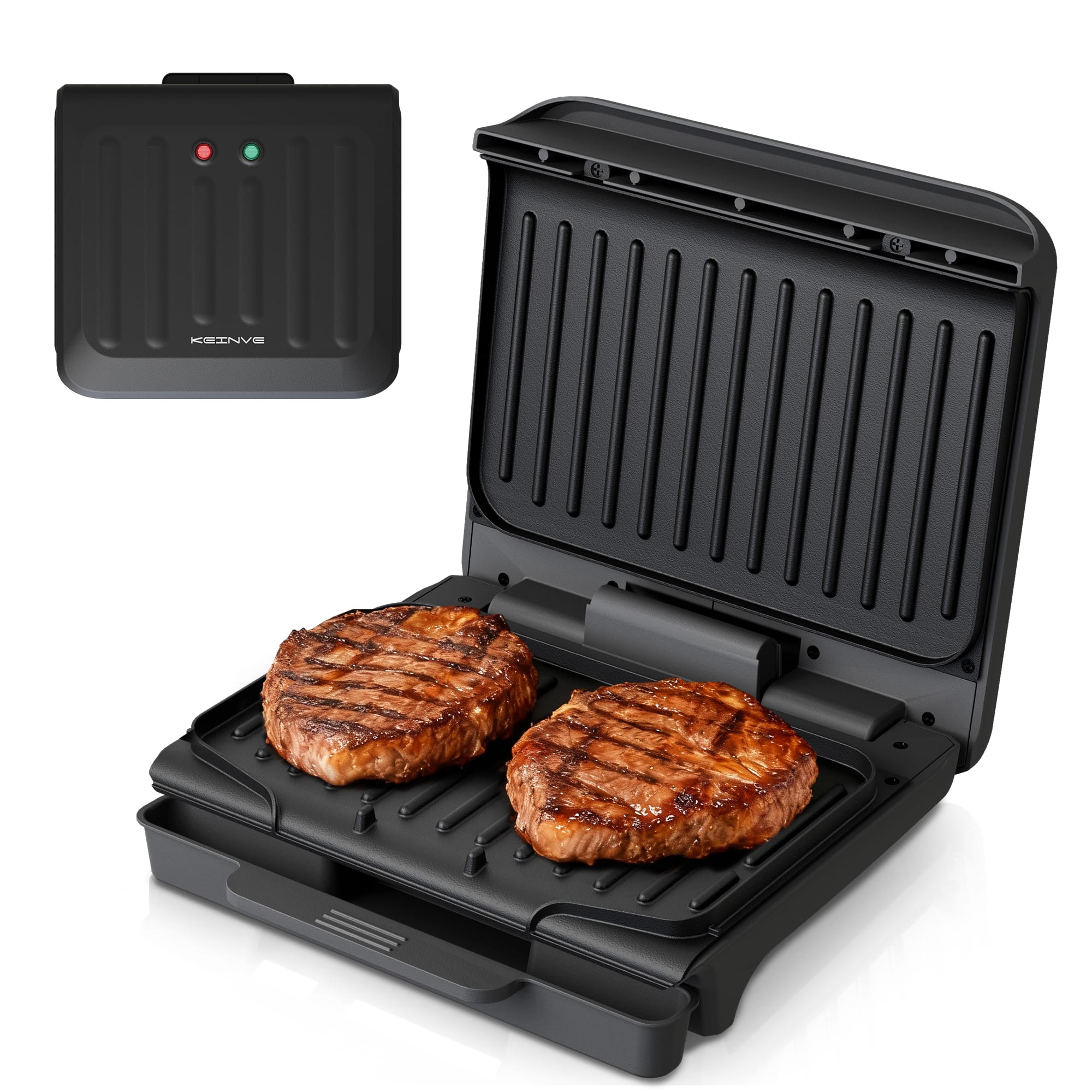 KEINVE - Electric Indoor Panini Press Grill for BBQ, Panini, Patties and Sausages, Non-Stick Sandwich Maker, 850W - Black
