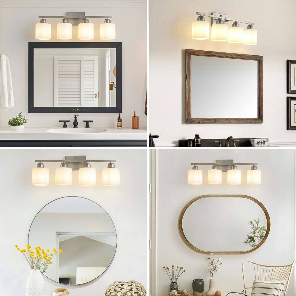 Alt View 1. Kadyn - Brushed Nickel Bathroom Light Fixtures, 4-Light Modern Vanity Light, Wall Sconces with Milky White Frosted Glass Shades - Silver.