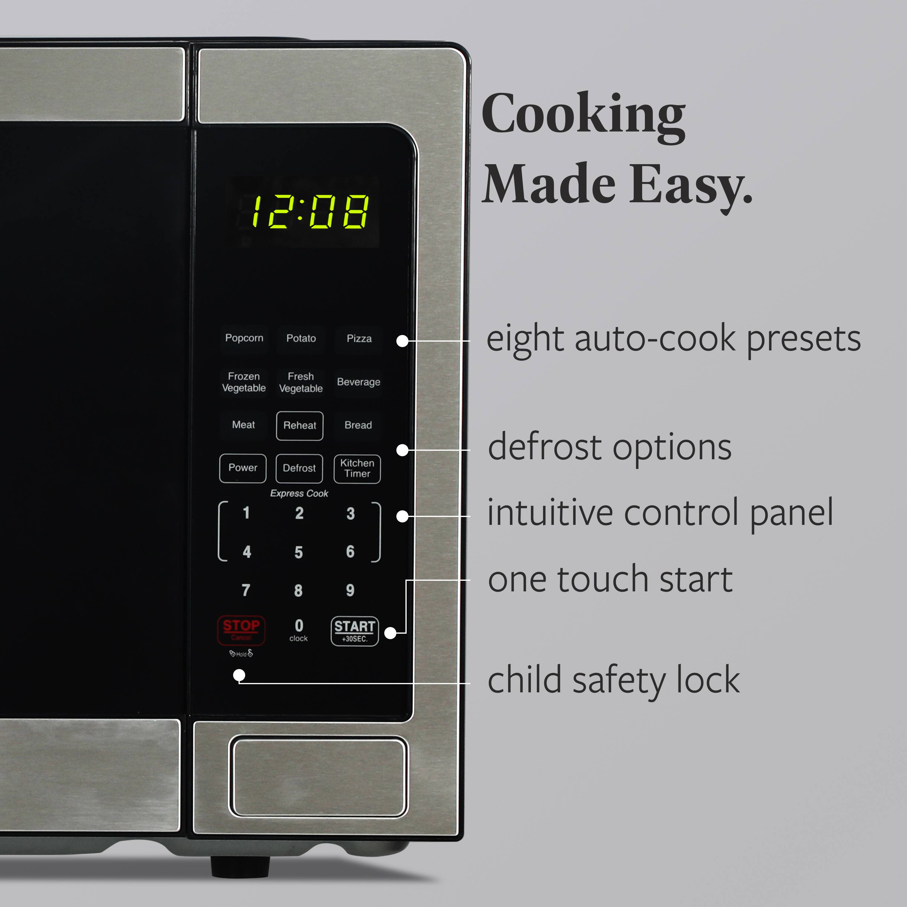 Cooking Made Easy.

- eight auto-cook presets
- defrost options
- intuitive control panel
- one touch start
- child safety lock

12:08

Popcorn Potato Pizza  
Frozen Fresh Beverage  
Vegetable Vegetable  
Meat Reheat Bread  

Power Defrost Kitchen Timer  
Express Cook  

1 2 3  
4 5 6  
7 8 9  

STOP  
0  
START  

-30SEC +30SEC
