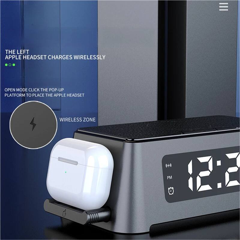 THE LEFT APPLE HEADSET CHARGES WIRELESSLY

OPEN MODE CLICK THE POP-UP PLATFORM TO PLACE THE APPLE HEADSET

WIRELESS ZONE