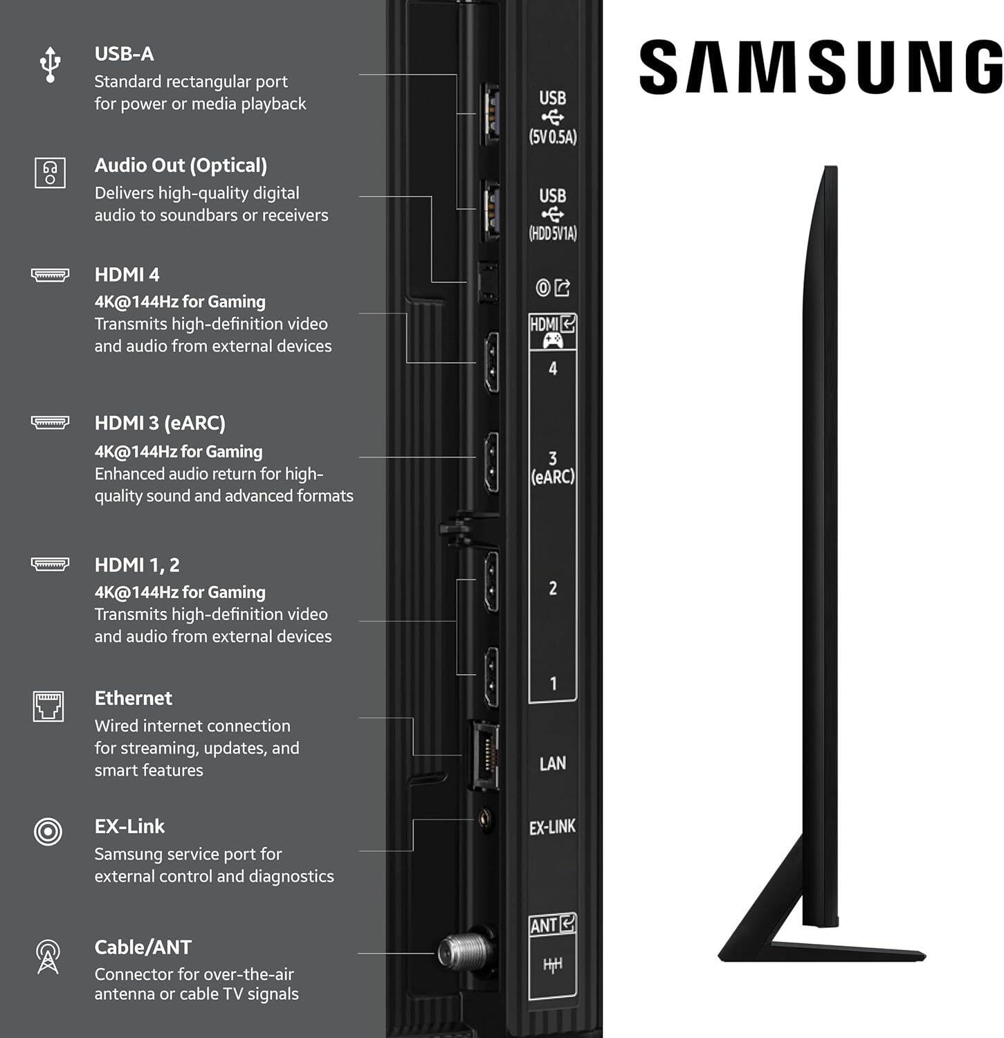 USB-A  
Standard rectangular port for power or media playback  

Audio Out (Optical)  
Delivers high-quality digital audio to soundbars or receivers  

HDMI 4  
4K@144Hz for Gaming  
Transmits high-definition video and audio from external devices  

HDMI 3 (eARC)  
4K@144Hz for Gaming  
Enhanced audio return for high-quality sound and advanced formats  

HDMI 1, 2  
4K@144Hz for Gaming  
Transmits high-definition video and audio from external devices  

Ethernet  
Wired internet connection for streaming, updates, and smart features  

EX-Link  
Samsung service port for external control and diagnostics  

Cable/ANT  
Connector for over-the-air antenna or cable TV signals
