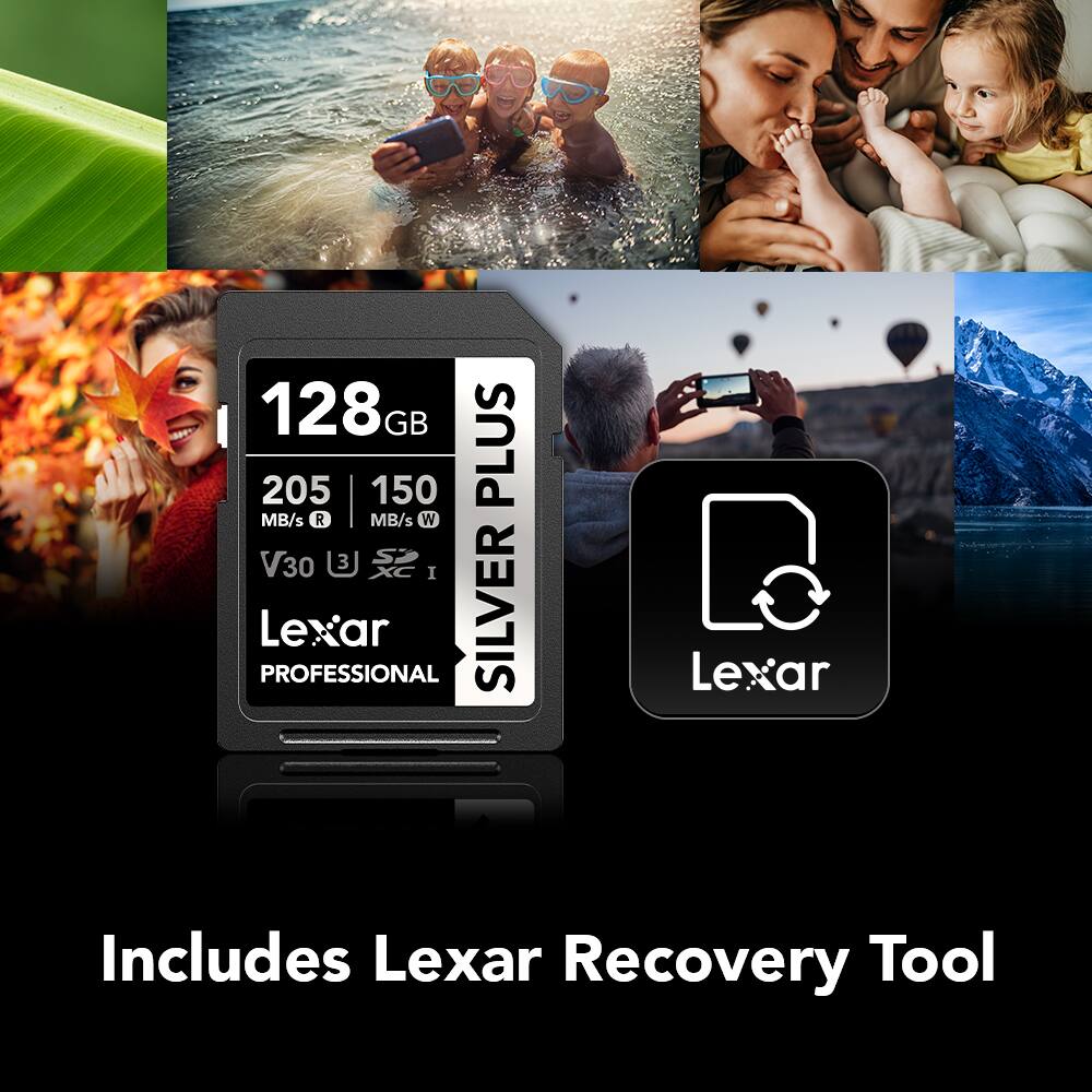 128 GB  
205 MB/s R  
150 MB/s W  
V30  
3 I  
Lexar PROFESSIONAL SILVER PLUS  
Includes Lexar Recovery Tool