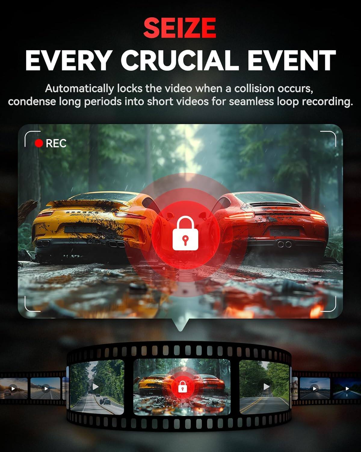 SEIZE EVERY CRUCIAL EVENT Automatically locks the video when a collision occurs, condense long periods into short videos for seamless loop recording. REC 9 P