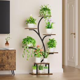 SlickBlue - Indoor Plant Stand Display Shelf with Grow Lights – Modern Organizer for Plants - Brown, Black
