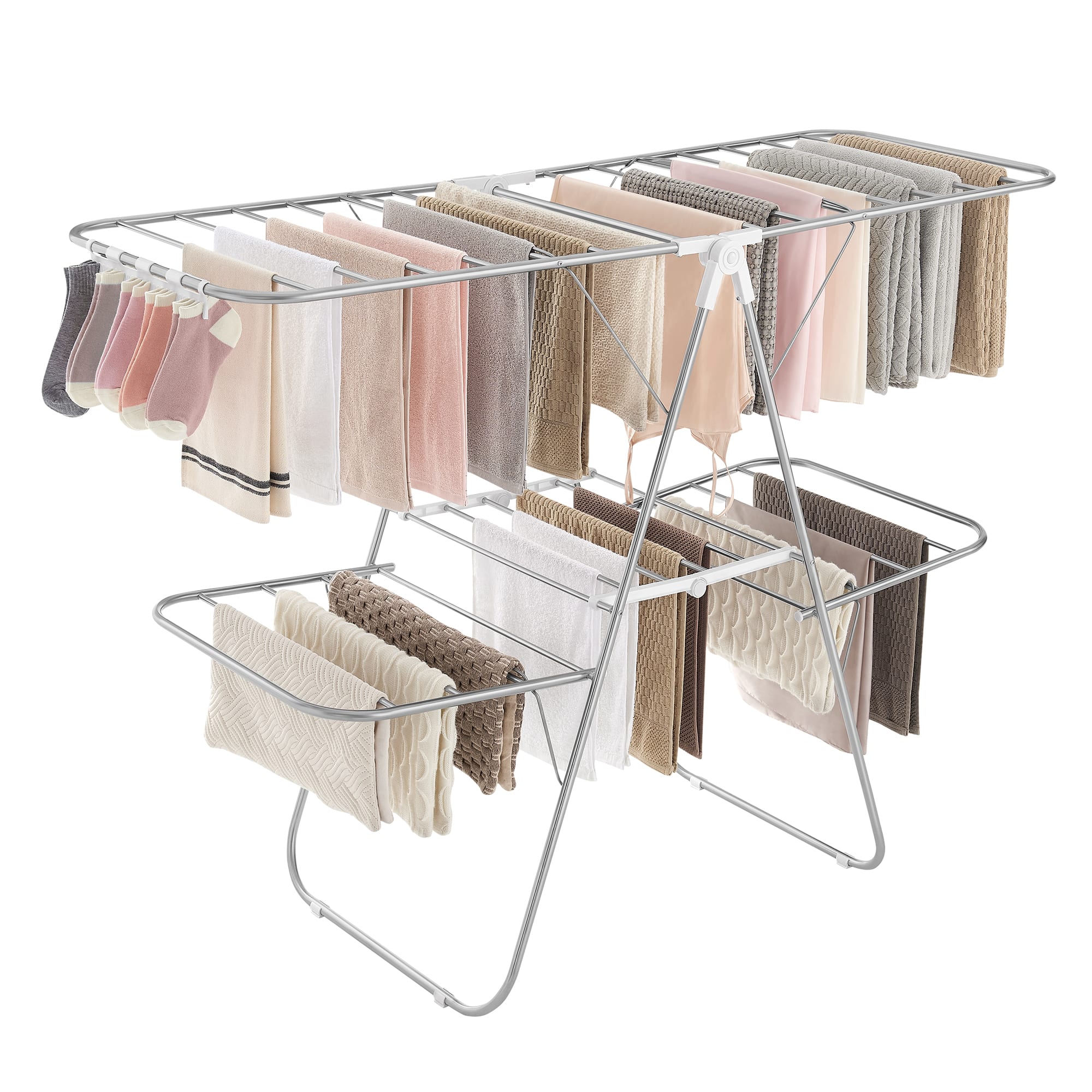 Songmics Home - Clothes Drying Rack, Foldable 2-Level Laundry Drying Rack, Free-Standing Large Drying Rack, with Height-Adjustable Wings - Silver and White