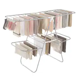 Songmics Home - Clothes Drying Rack, Foldable 2-Level Laundry Drying Rack, Free-Standing Large Drying Rack, with Height-Adjustable Wings - Silver and White