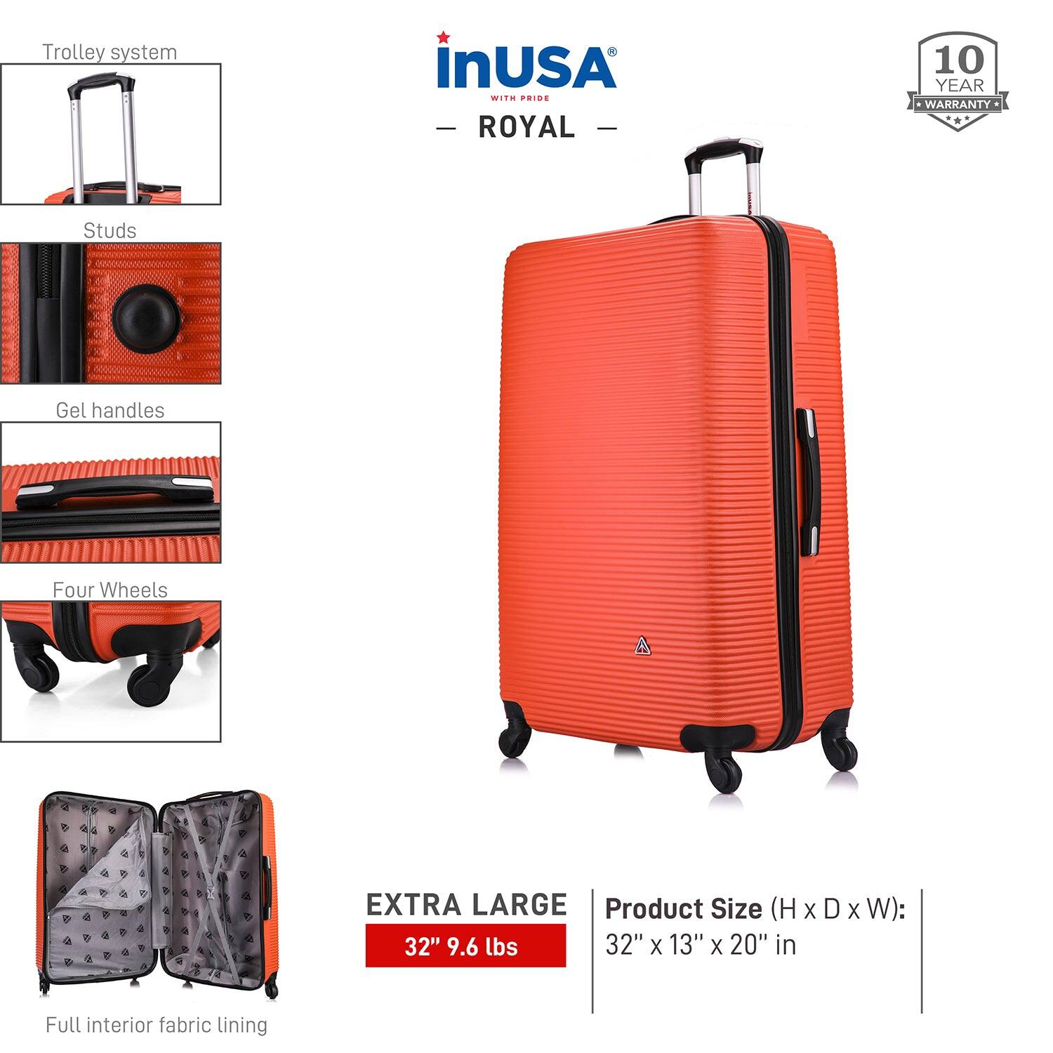 - **Trolley system**
- **Studs**
- **Gel handles**
- **Four Wheels**
- **Full interior fabric lining**

**EXTRA LARGE**

**Product Size (H x D x W):** 32" x 13" x 20" in

**Weight:** 9.6 lbs

**10 YEAR WARRANTY**