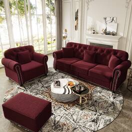 Ropilly - Burgundy Velvet Sofa with Ottoman, Mid Century Modern Chesterfield Sofa, Button Tufted Rolled Arms - Burgundy