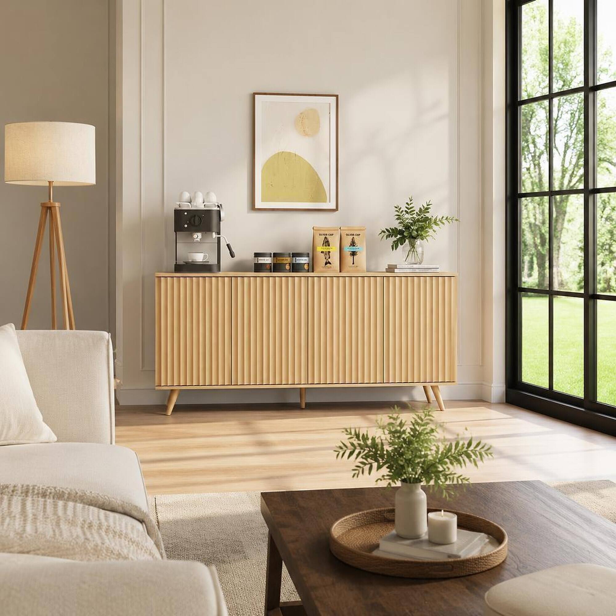 Back. RYHNUYNE - Freestanding Long Sideboard Buffet Cabinet with 4 Doors and Adjustable Shelves, Wood Coffee Bar, Natural - Natural.