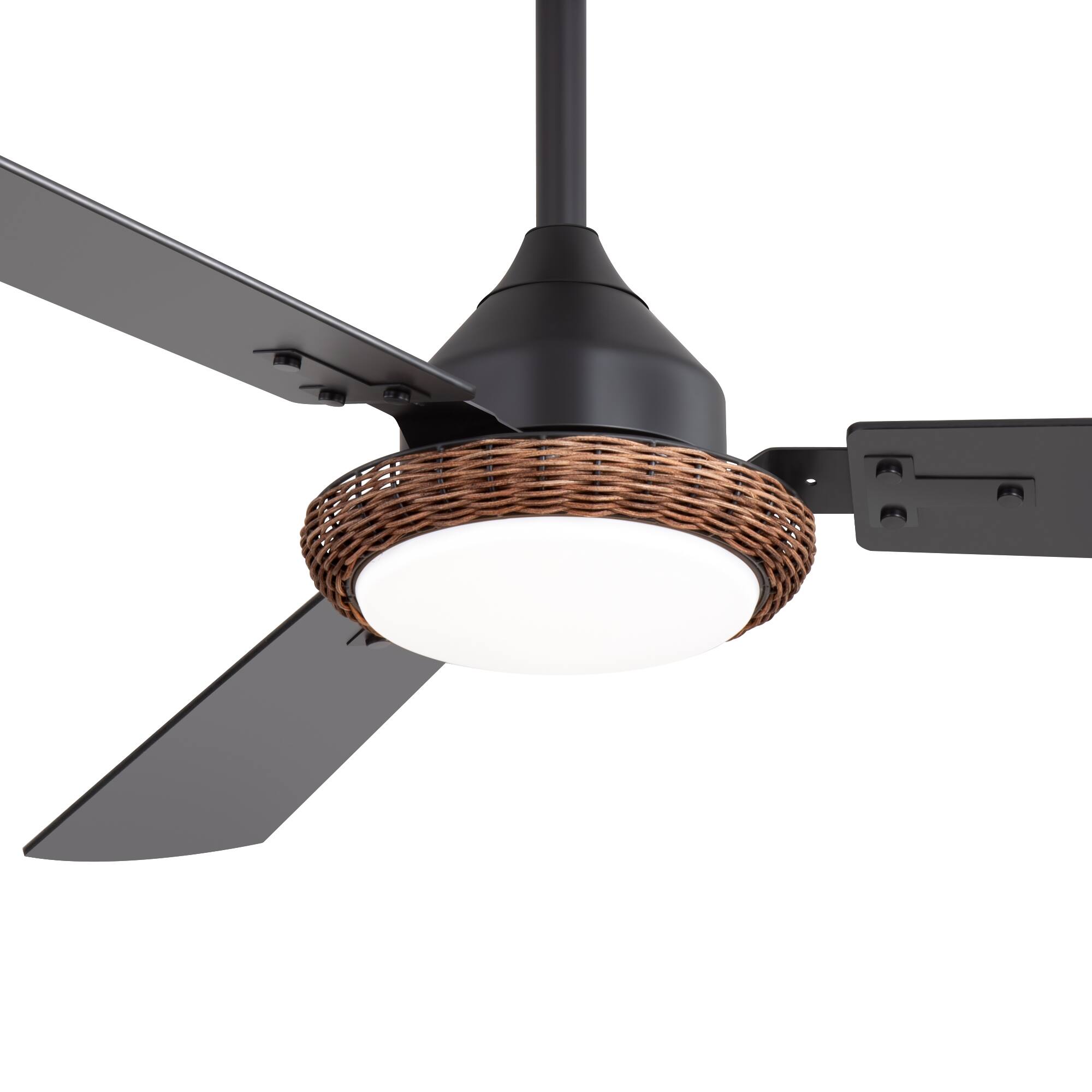 Left. Breezary - 48'' Ceiling Fan with 3-Color Light, 3 Dual-Finish Plywood Blades, DC Motor, 6-Speed Remote with Timer & Memory - Matte Black and Dark Wood Grain.