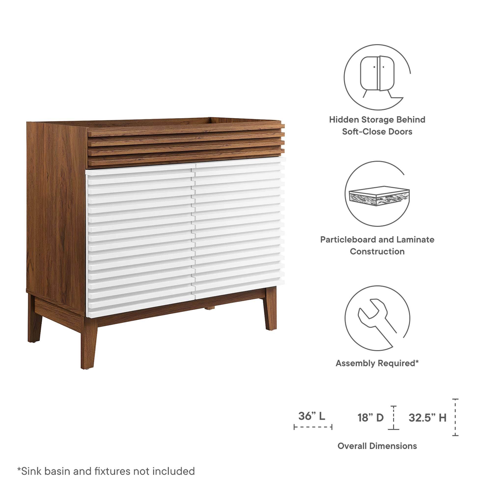 Hidden Storage Behind Soft-Close Doors  
Particleboard and Laminate Construction  
Assembly Required*  

36" L x 18" D x 32.5" H  
Overall Dimensions  

*Sink basin and fixtures not included